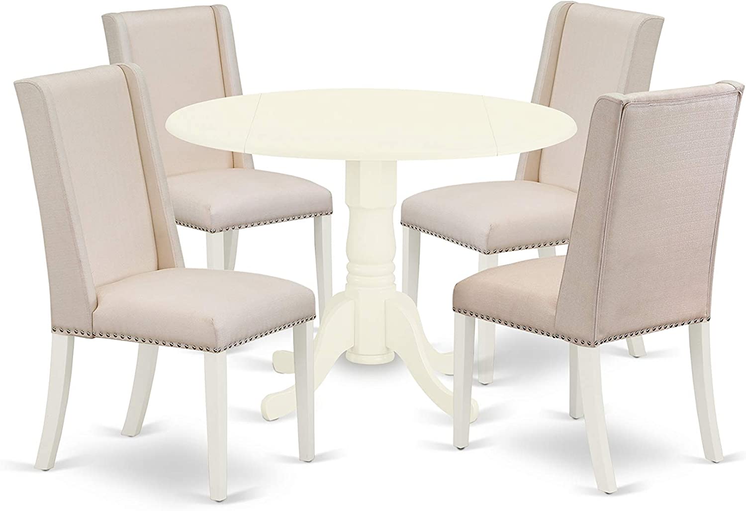 East West Furniture DLFL5-WHI-01 5-Piece Round Dinette Set Included a Round Living Room Table & 4 Fabric Kitchen Chairs, Cream Linen Fabric Parson Chairs Seat & Rubber Wood Legs, Linen White Finish