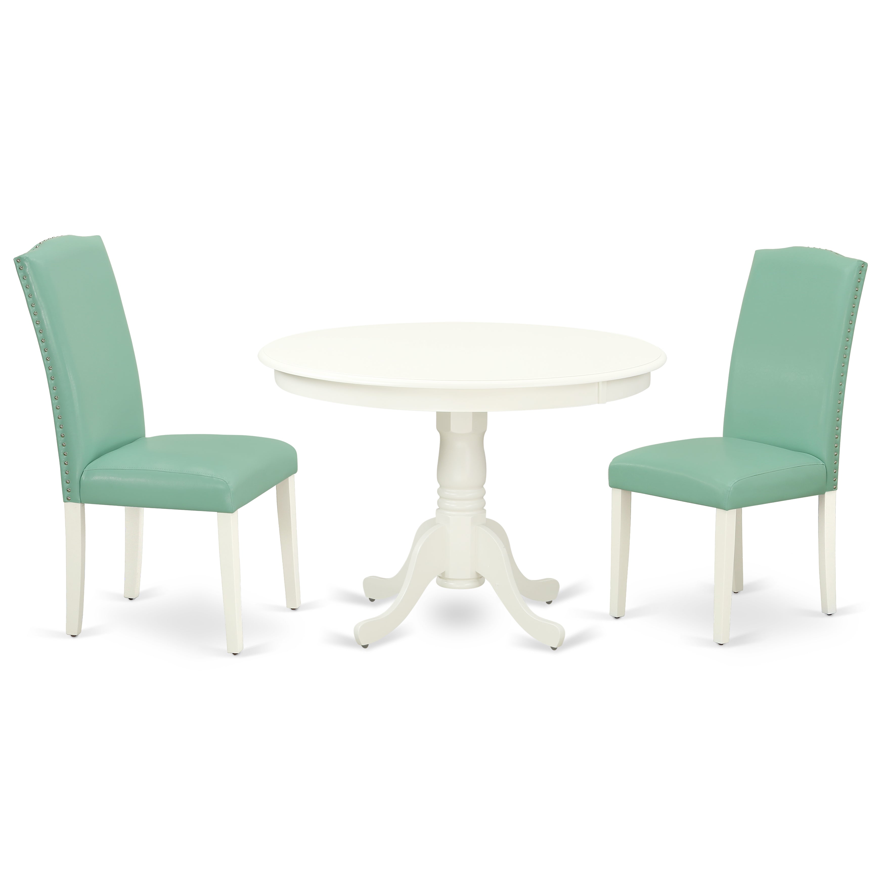 HLEN3-LWH-57 3Pc Round 42" Dining Table And Two Parson Chair With Linen White Leg And Pu Leather Color Pond