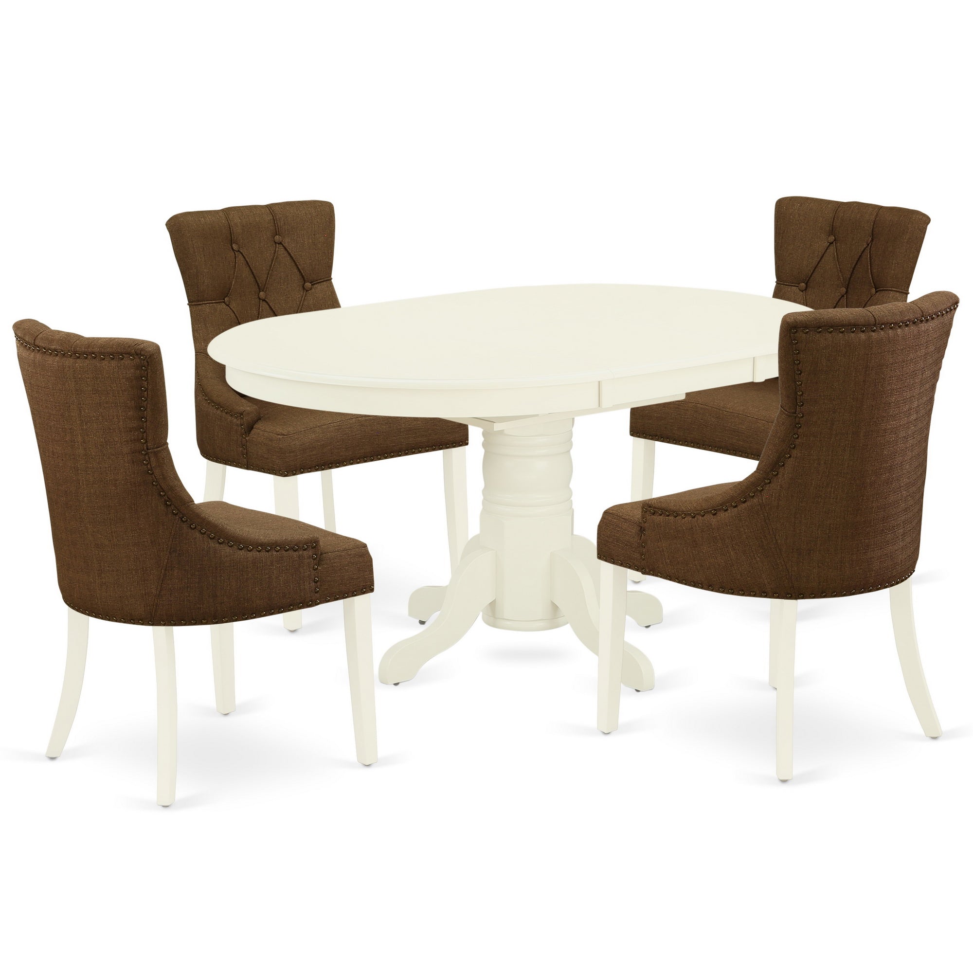 AVFR5-LWH-18 5Pc Dining Set Includes an Oval Dinette Table with Butterfly Leaf and Four Parson Chairs with Dark Coffee Fabric, Linen White Finish