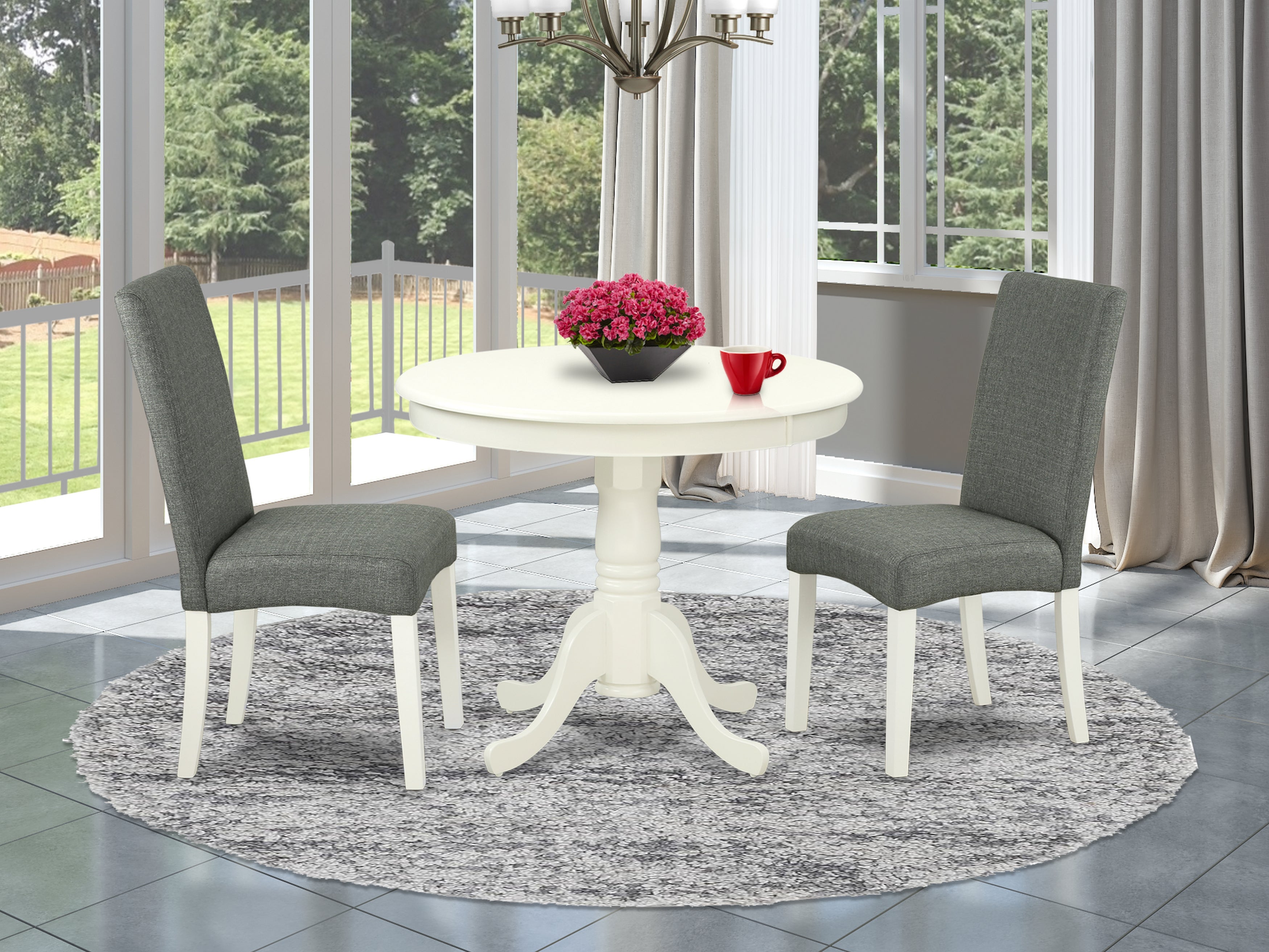 ANDR3-LWH-07 3Pc Round 36" Table And A Pair Of Parson Chair With Linen White Finish Leg And Linen Fabric- Gray Color