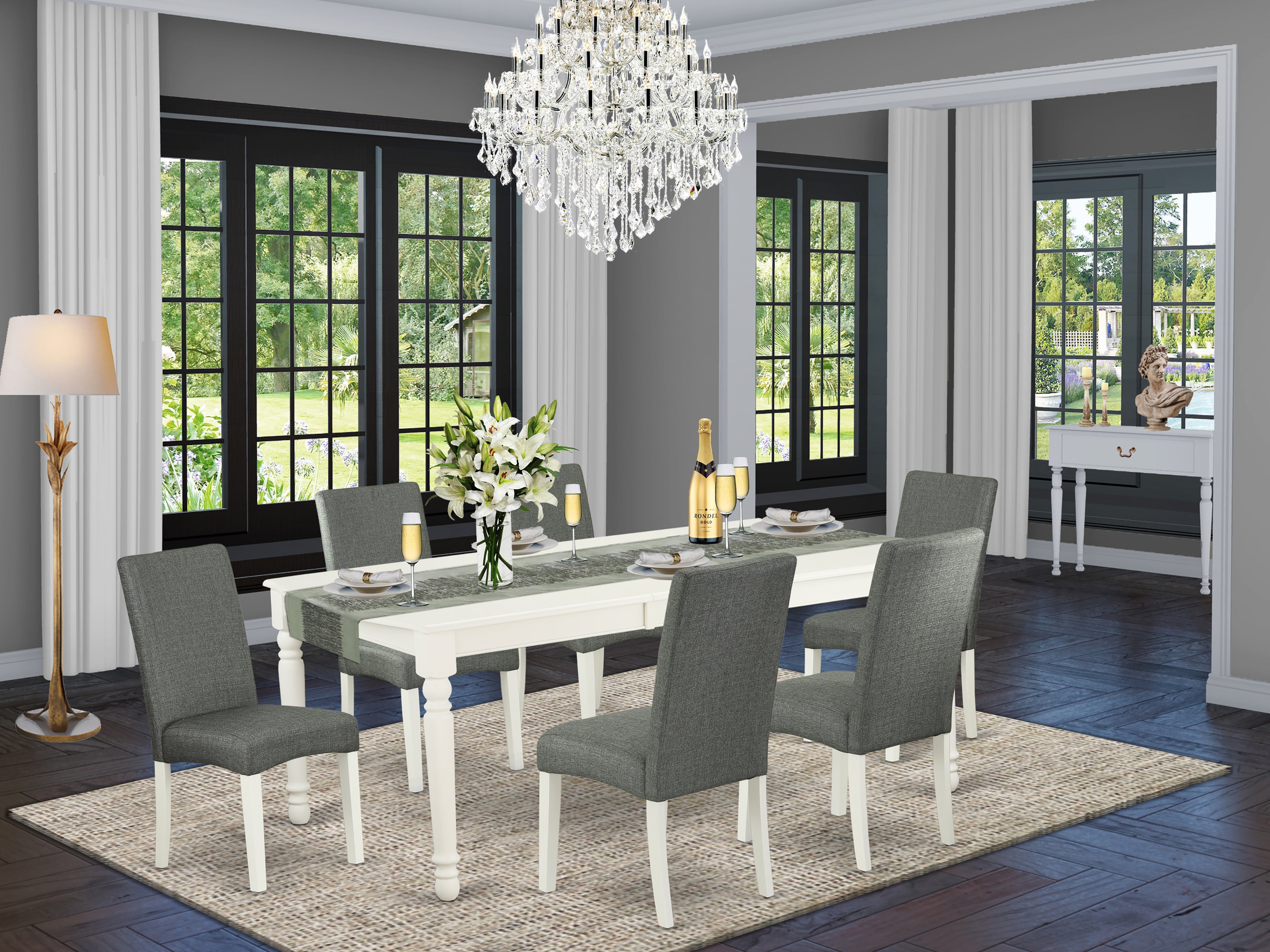 DODR7-LWH-07 7Pc Rectangle 60/78 Inch Table With 18 In Leaf And 6 Parson Chair With Linen White Finish Leg And Linen Fabric- Gray Color