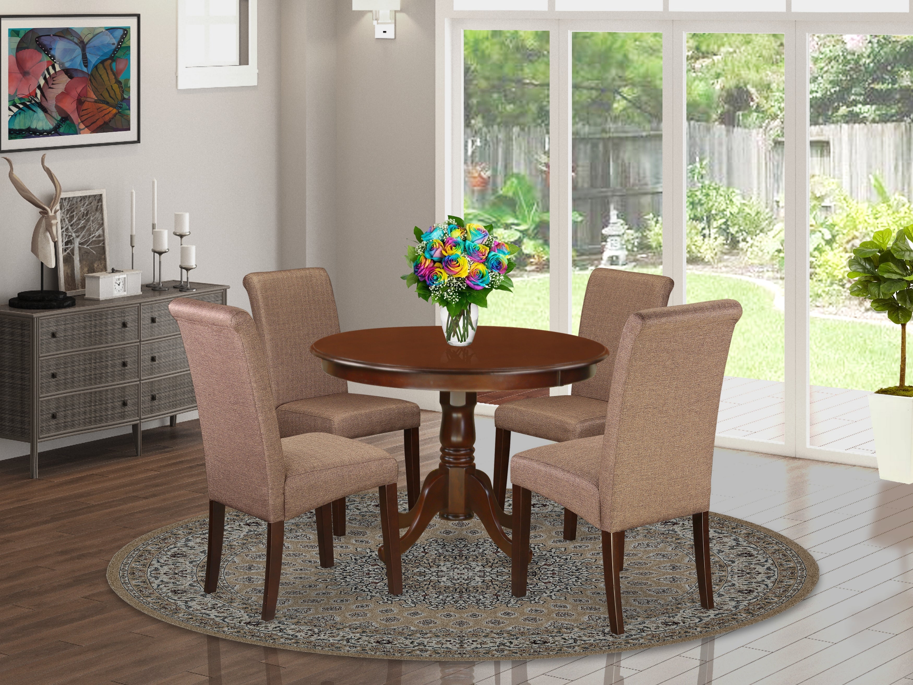 HLBA5-MAH-18 5Pc Small Round table with linen brown fabric Parson chairs with mahogany chair legs