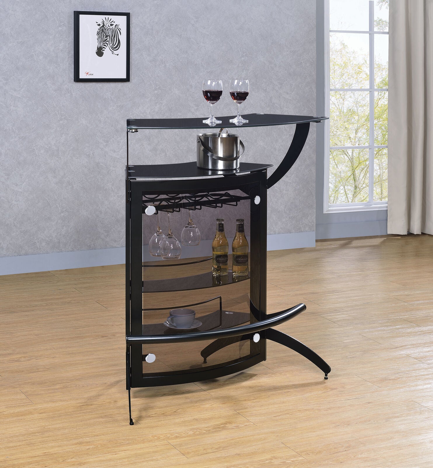 Modern Contemporary Black 2-Shelf Bar Wine Cabinet Table With Glass Top