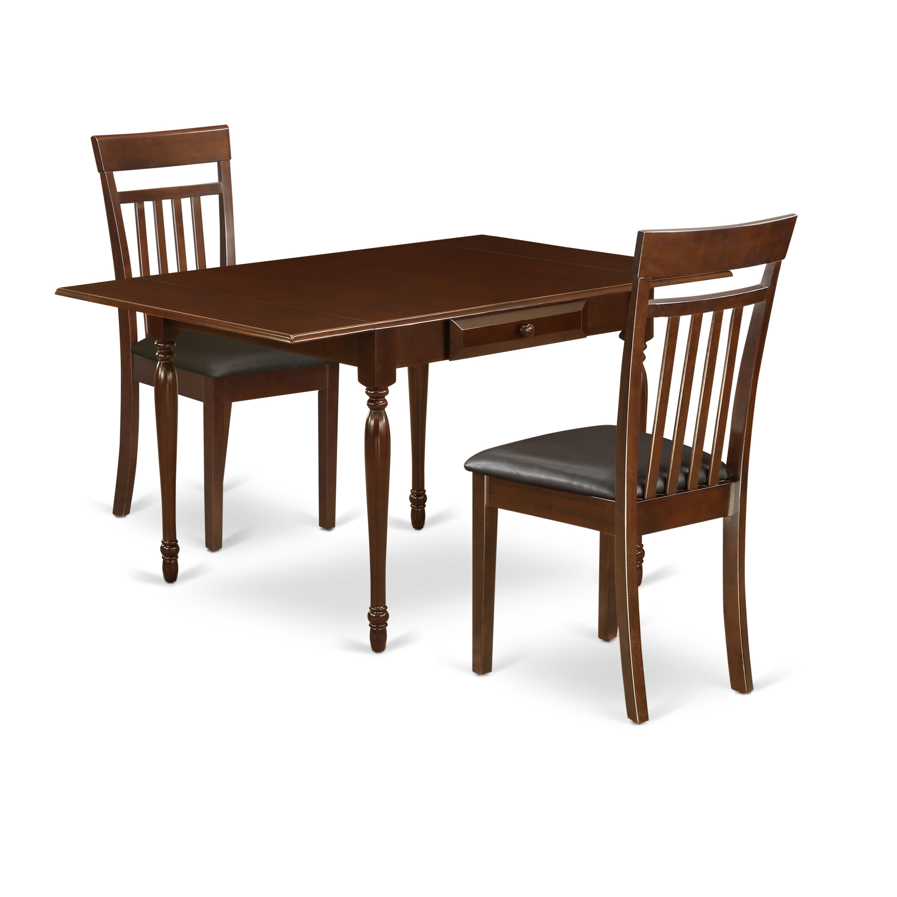 East West Furniture MZCA3-MAH-LC 3Pc Dining Table Set Consists of a Modern Dining Table and 2 Modern Dining Chairs with Faux Leather Seat, Drop Leaf Table with Slat Back Chairs, Mahogany Finish