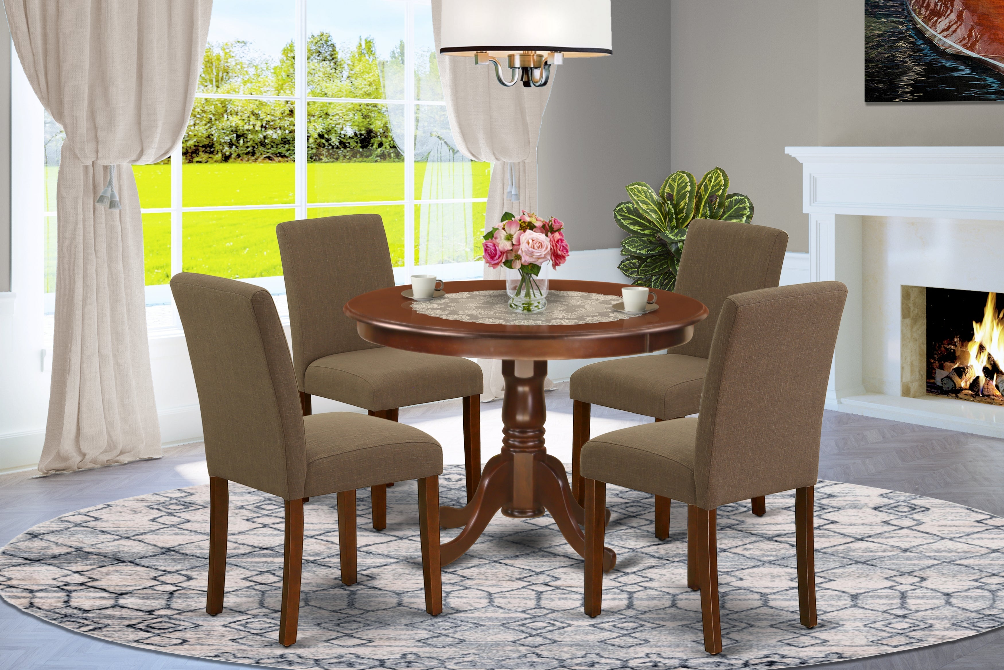 HLAB5-MAH-18 5Pc Round 42 Inch Dinette Table And Four Parson Chair With Mahogany Leg And Linen Fabric Coffee