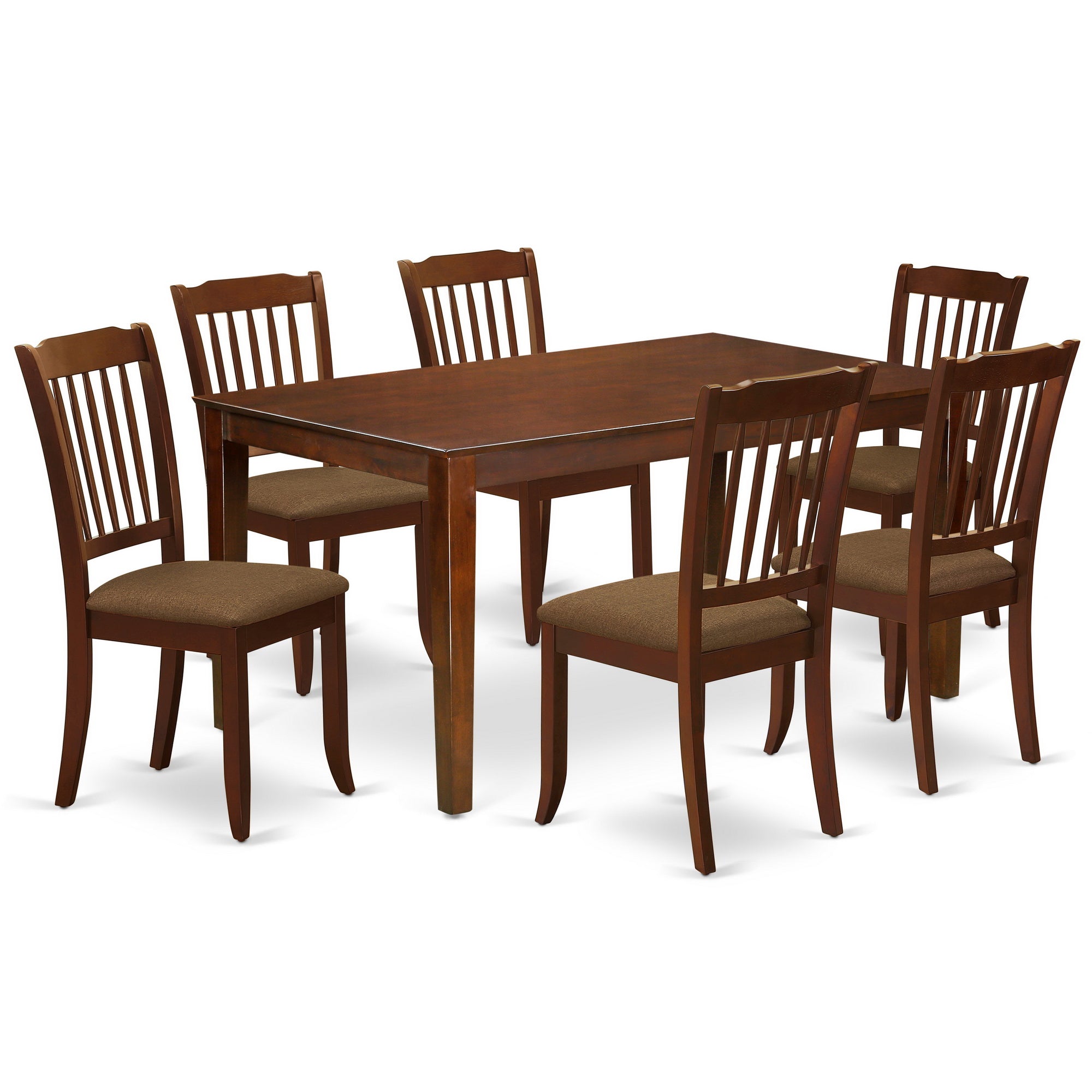 CADA7-MAH-C 7Pc Dinette Set Includes a Rectangular Kitchen Table and Six Vertical Slatted Microfiber Seat Dining Chairs, Mahogany Finish