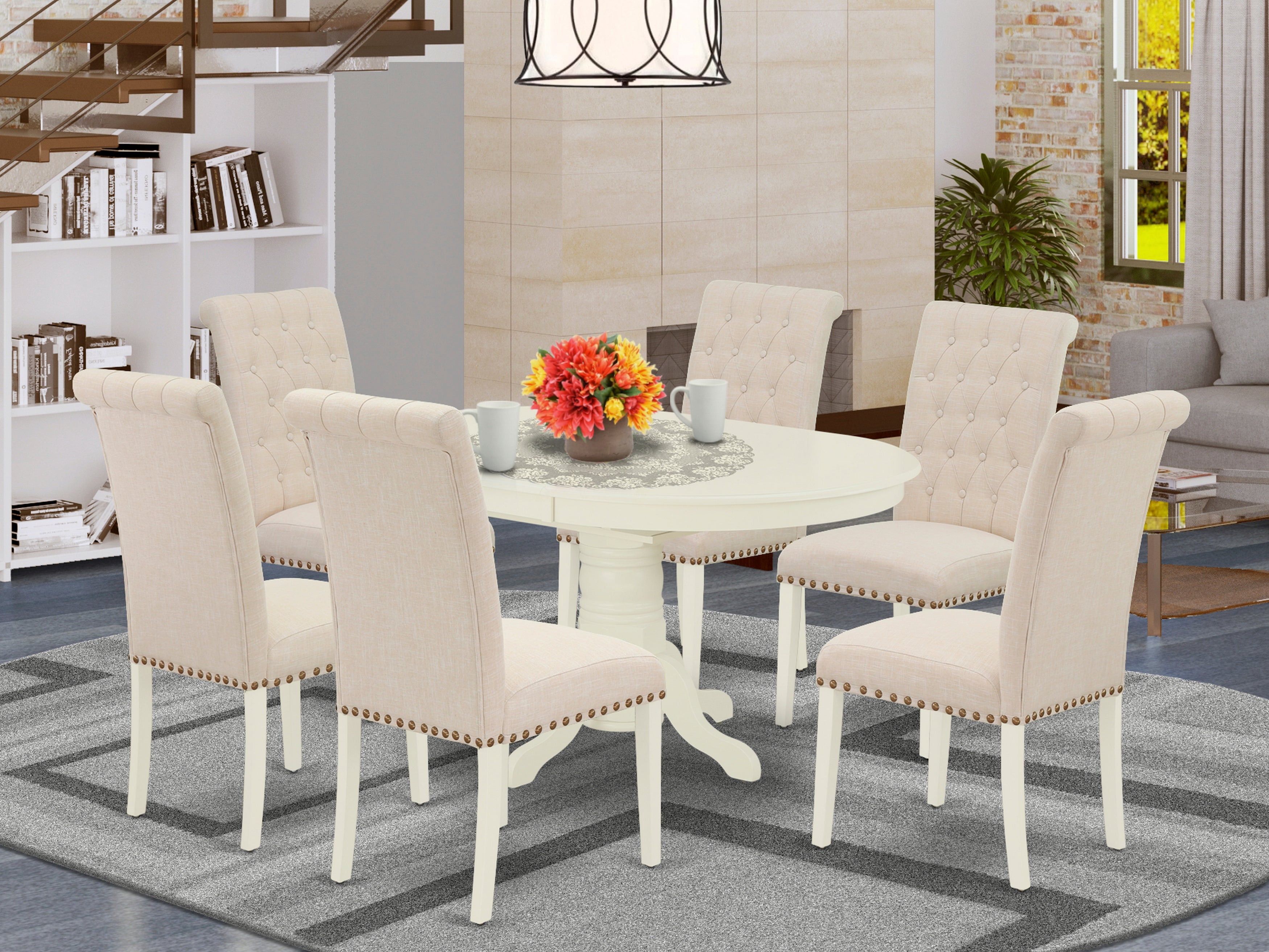 AVBR7-LWH-02 7Pc Dinette Set Includes an Oval Kitchen Table with Butterfly Leaf and Six Parson Chairs with Light Beige Fabric, Linen White Finish