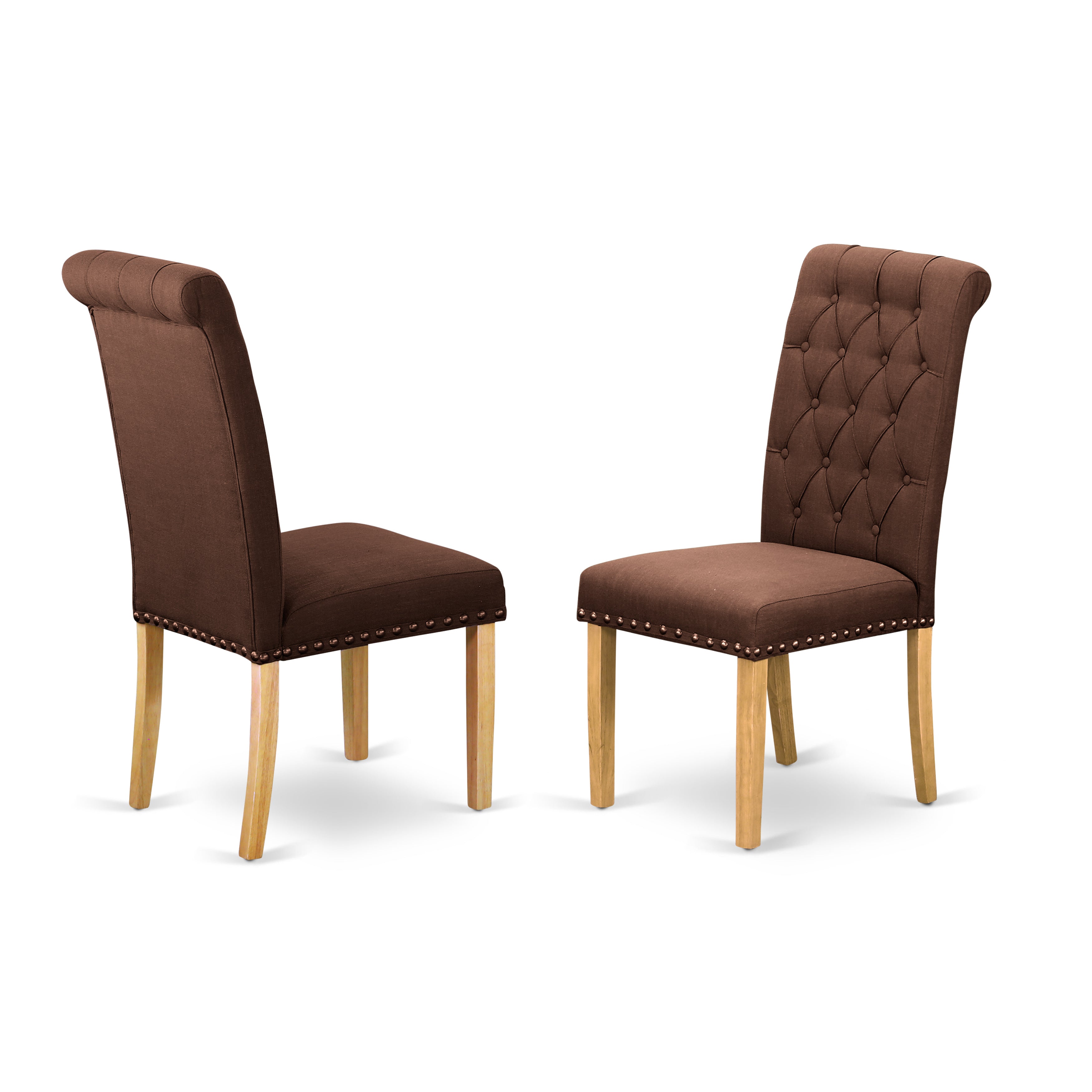 East West Furniture MZBR3-OAK-19 3Pc Dinette Sets for Small Spaces Consists of a Modern Dining Table and 2 Parson Dining Chairs with Chocolate Color Linen Fabric, Drop Leaf Table with Full Back Chairs, Oak Finish