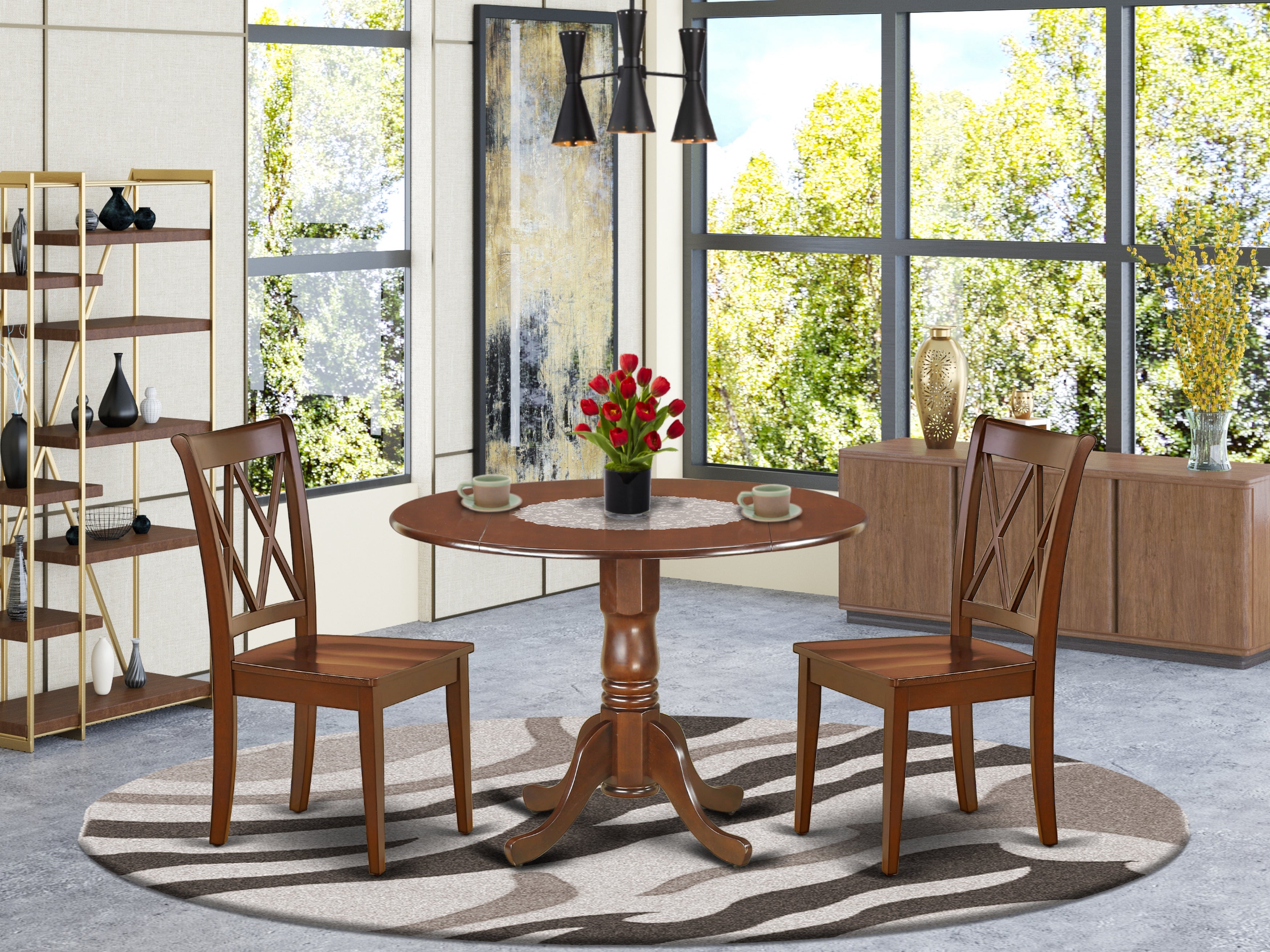 DLCL3-MAH-W 3PC Round 42 inch Table with Two 9-Inch Drop Leaves and 2 Double X back Chairs