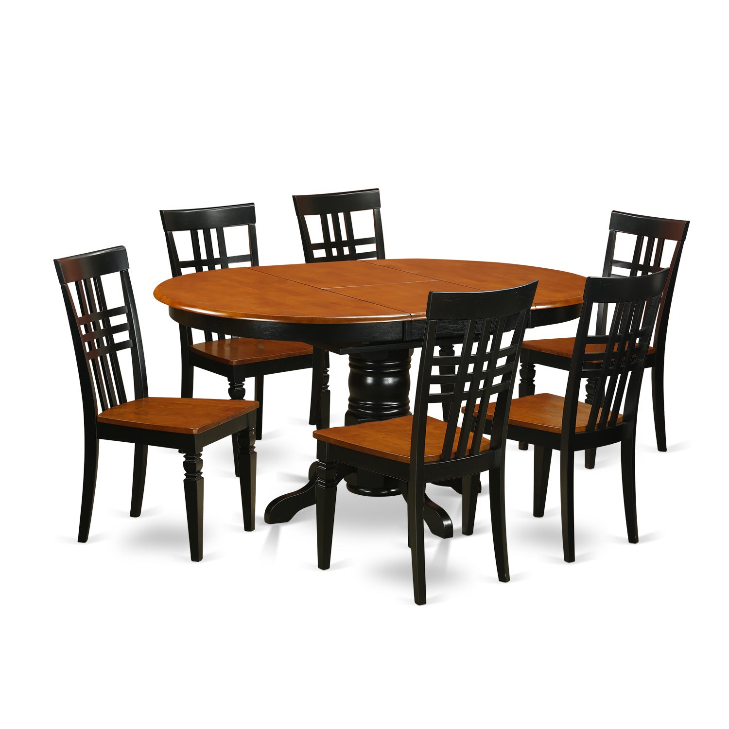 AVLG7-BCH-W 7 Pc Dinette Table with Leaf and 6 Faux Leather Seat Chairs in Black and Cherry.