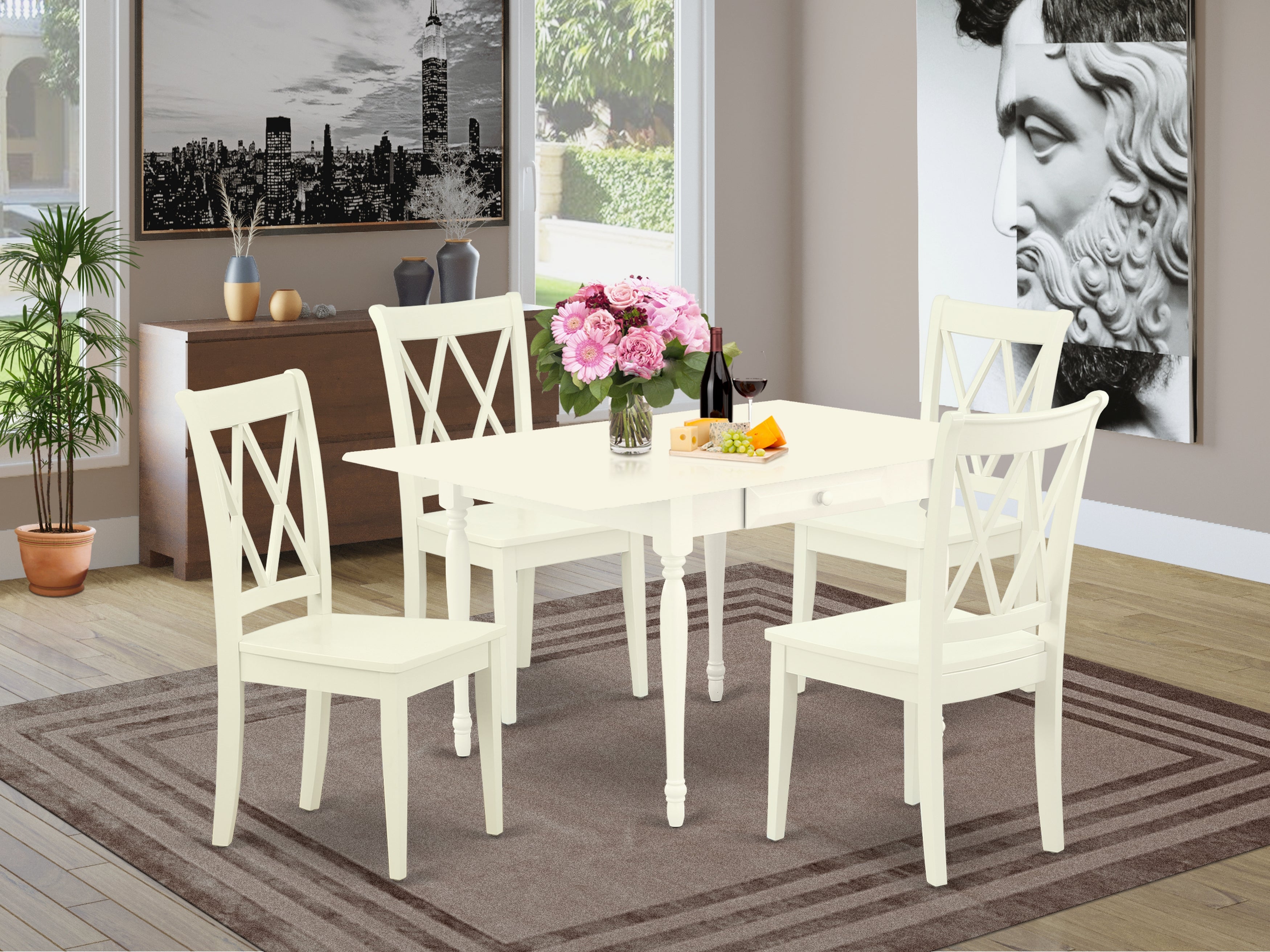East West Furniture MZCL5-LWH-W 5Pc Kitchen Set Contains a Dinette Table and 4 Kitchen Chairs with Solid Wood Seat, Drop Leaf Table with Double X Back Chairs, Linen White Finish