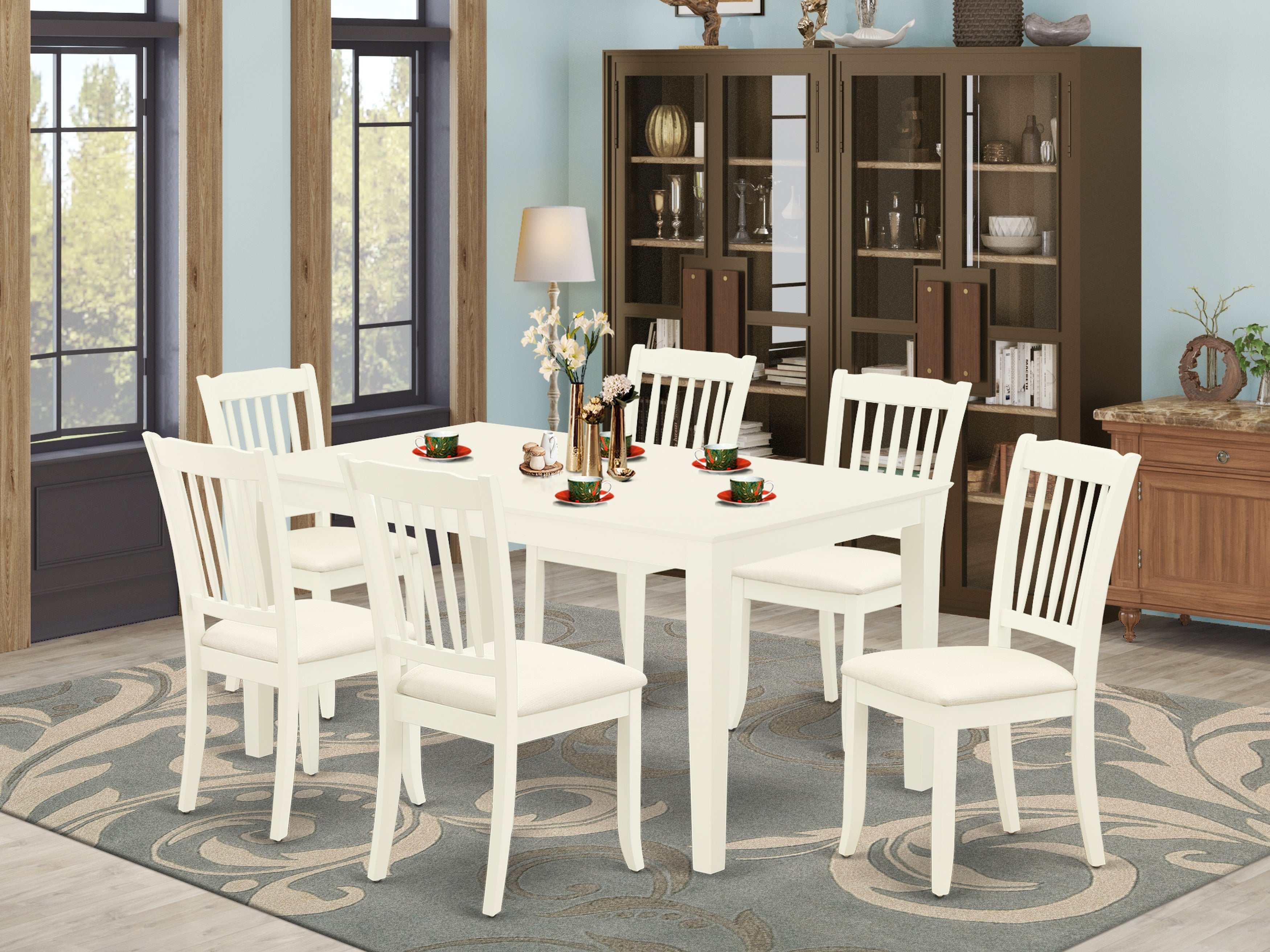 CADA7-LWH-C 7Pc Dinette Set Includes a Rectangular Kitchen Table and Six Vertical Slatted Microfiber Seat Dining Chairs, Linen White Finish