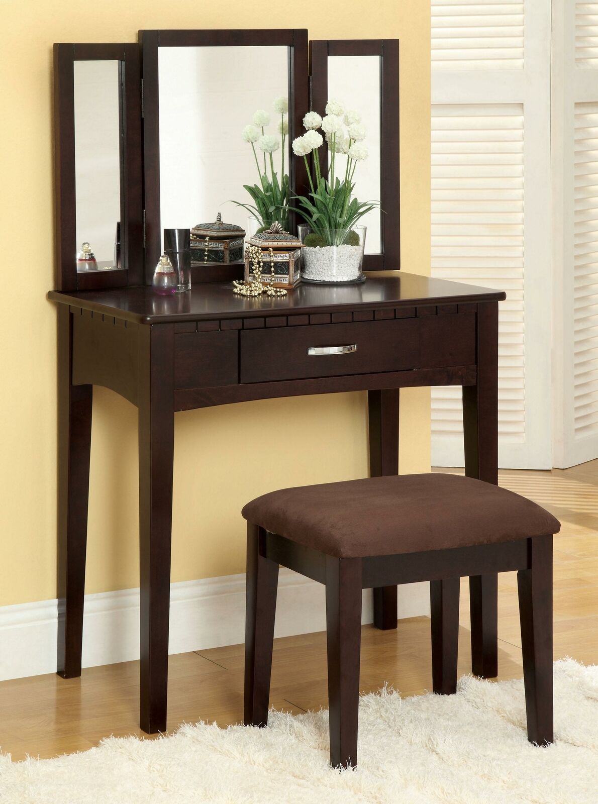 Espresso Traditional 3 Mirror and Drawer Vanity Dressing Table and Stool Set