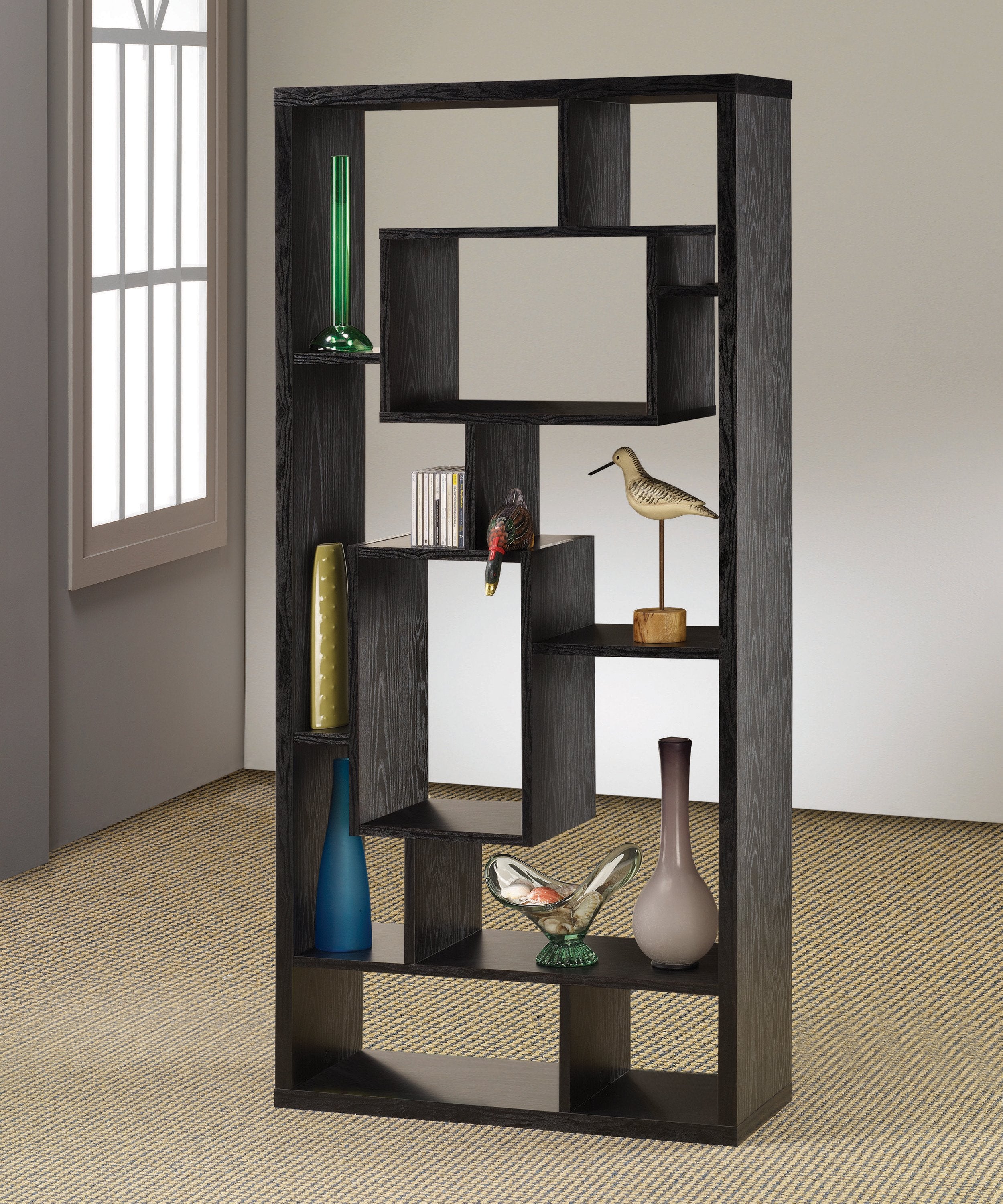 Asymmetrical Cube 10-Shelf Bookcase Black Oak