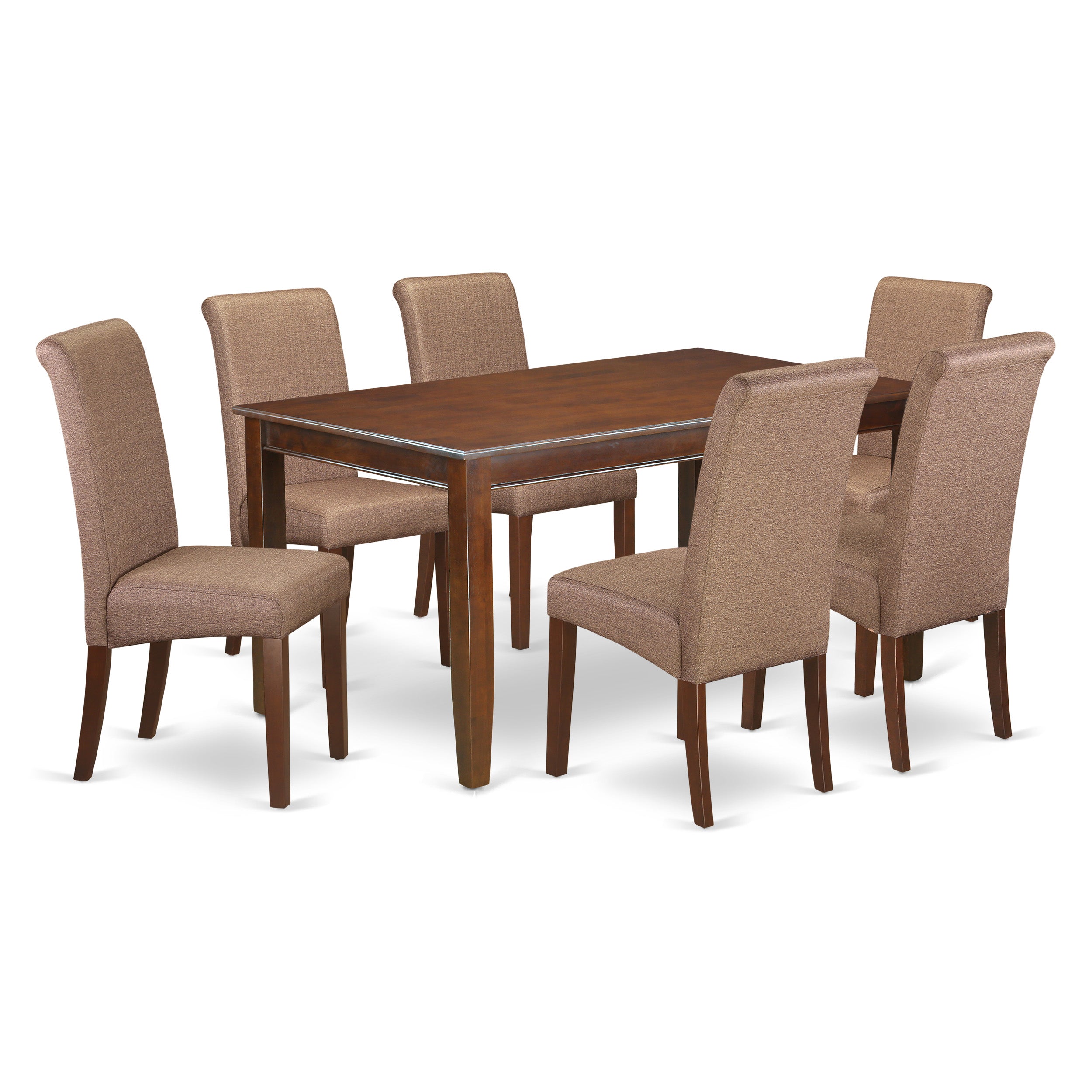 DUBA7-MAH-18 7Pc Kitchen table with linen brown fabric Parson chairs with mahogany chair legs