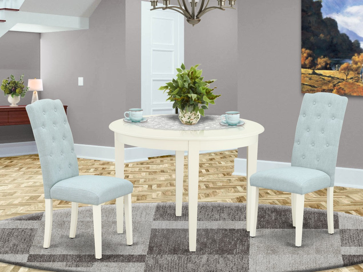 BOCE3-WHI-15 3Pc Dinette Set Includes a Small Rounded Kitchen Table and Two Parson Chairs with Baby Blue Fabric, White Finish