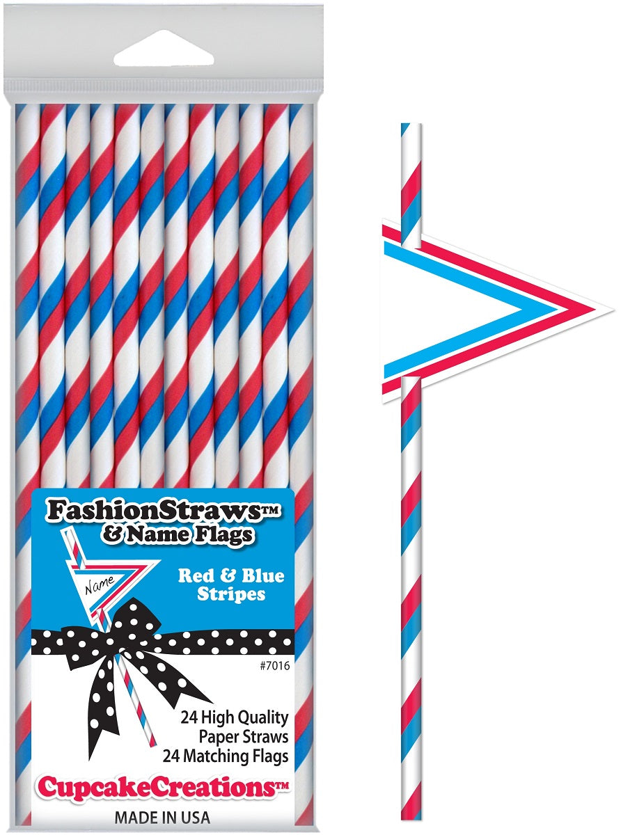 Cupcake Creations, Fashion Straws & Name Flags, Red & Blue Stripes, 24 Pk, 7016