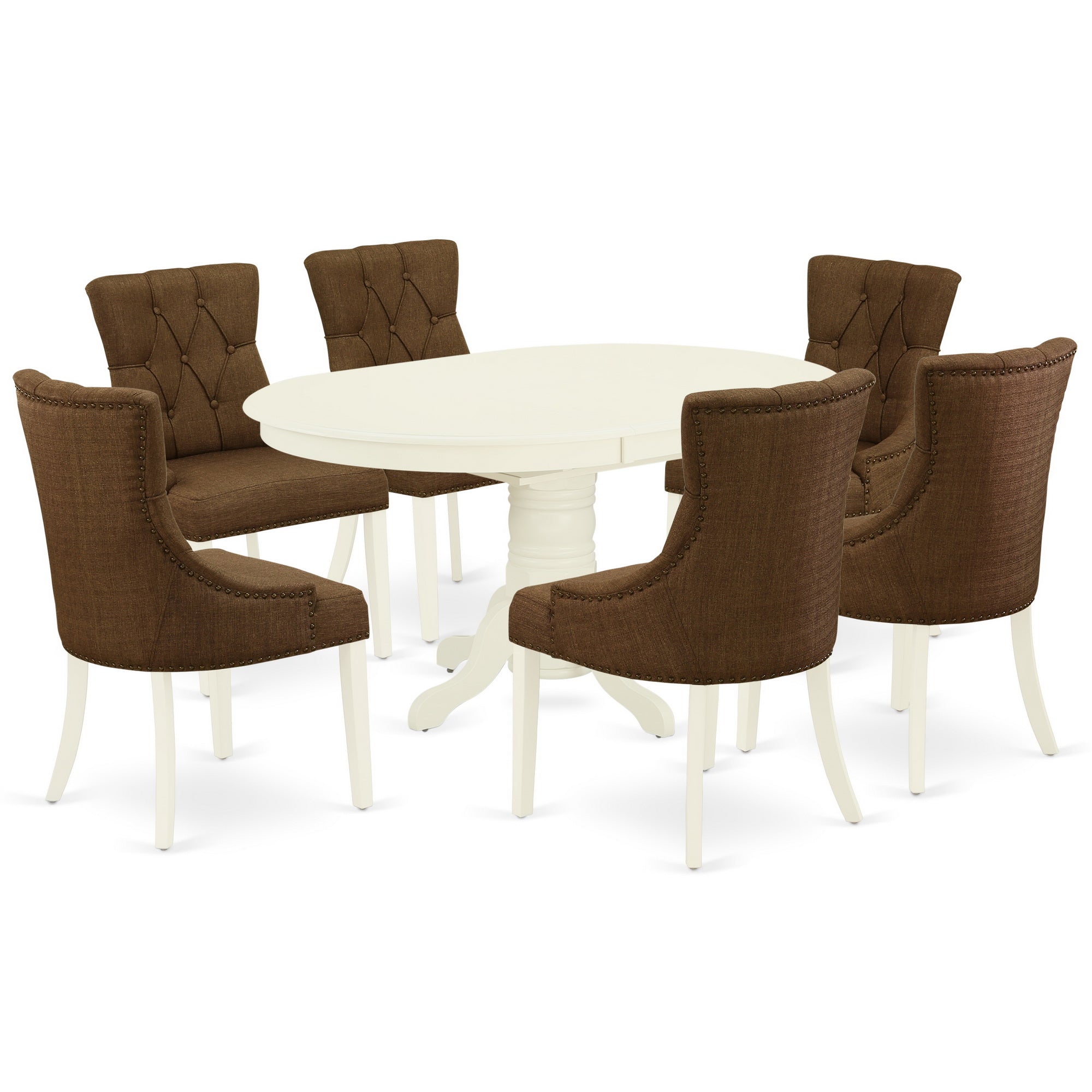 AVFR7-LWH-18 7Pc Dinette Set Includes an Oval Kitchen Table with Butterfly Leaf and Six Parson Chairs with Dark Coffee Fabric, Linen White Finish