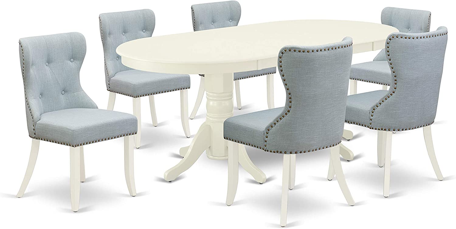 7 PC Vancouver Oval Table & 6 Parson Chairs In Linen White And baby Blue Color