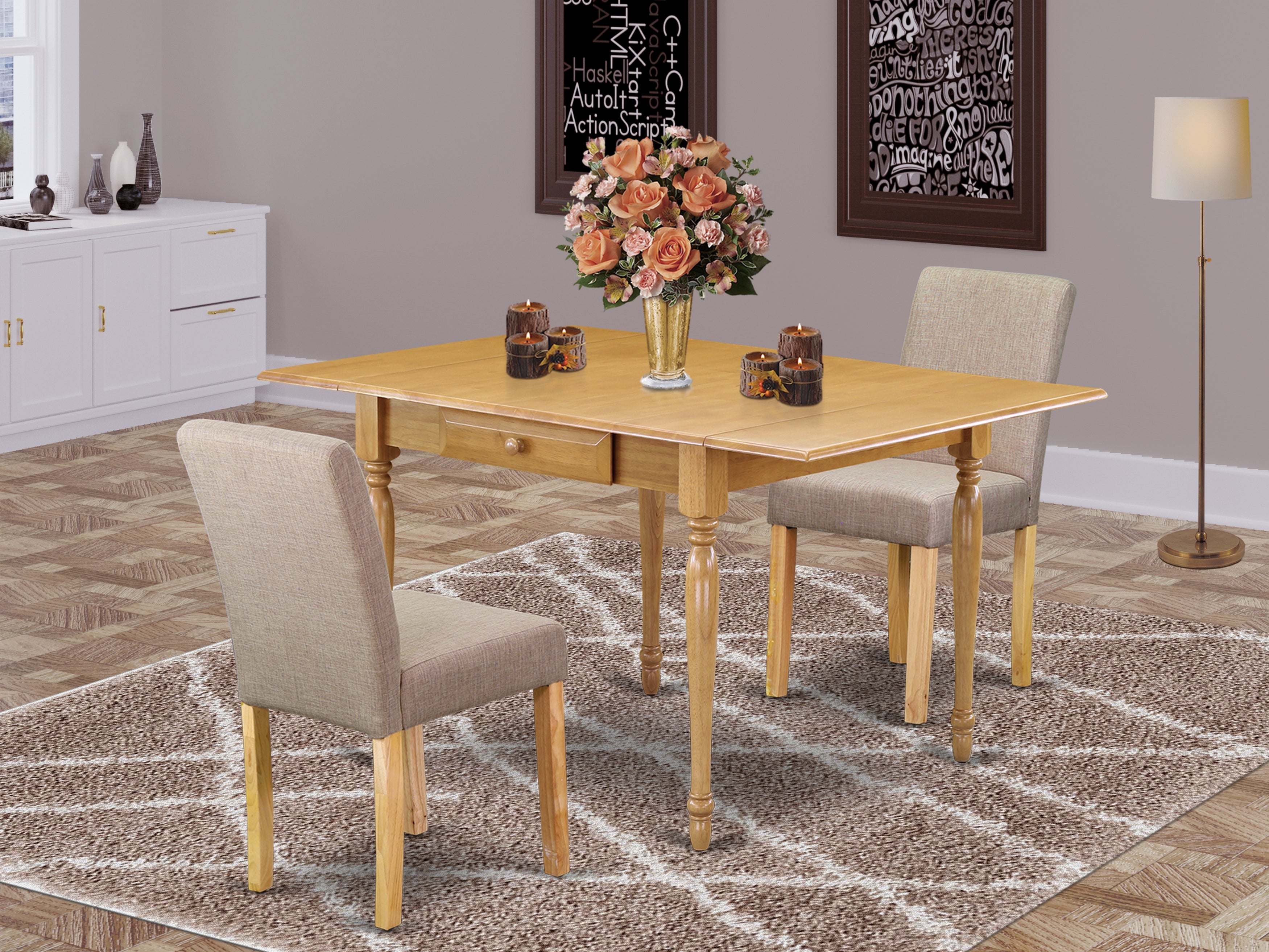 East West Furniture MZAB3-OAK-04 3Pc Dinette Set Contains a Small Dining Table and 2 Parsons Dining Chairs with Light Fawn Color Linen Fabric, Drop Leaf Table with Full Back Chairs, Oak Finish
