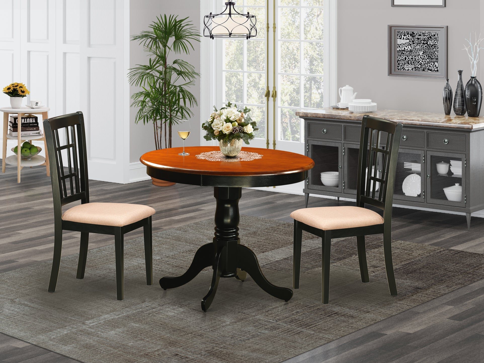 ANNI3-BLK-C 3 PC Dining Table with 2 Microfiber Chairs in Black and Cherry