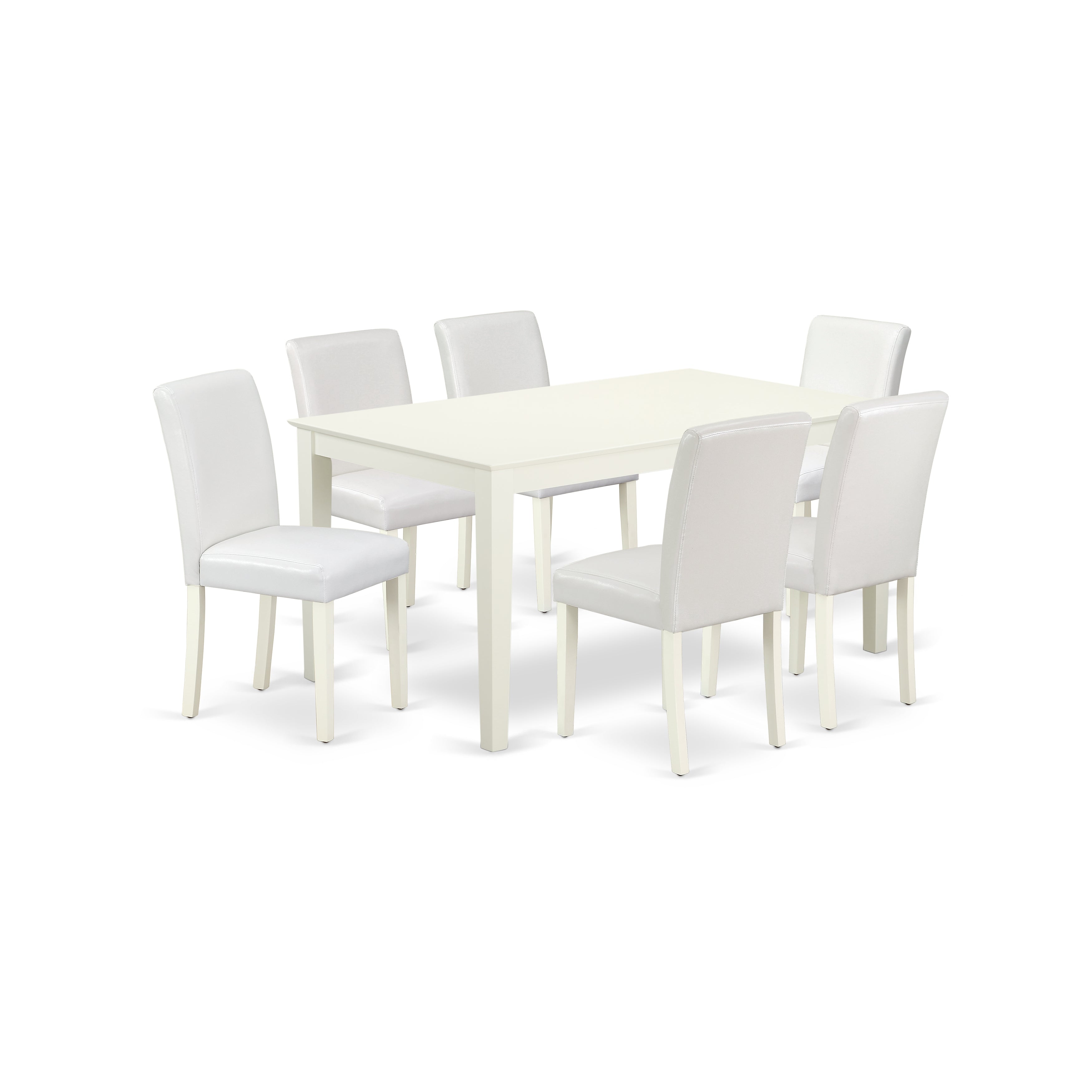 CAAB7-LWH-64 7Pc Rectangle 60" Dining Table And 6 Parson Chair With Linen White Leg And Pu Leather Color White