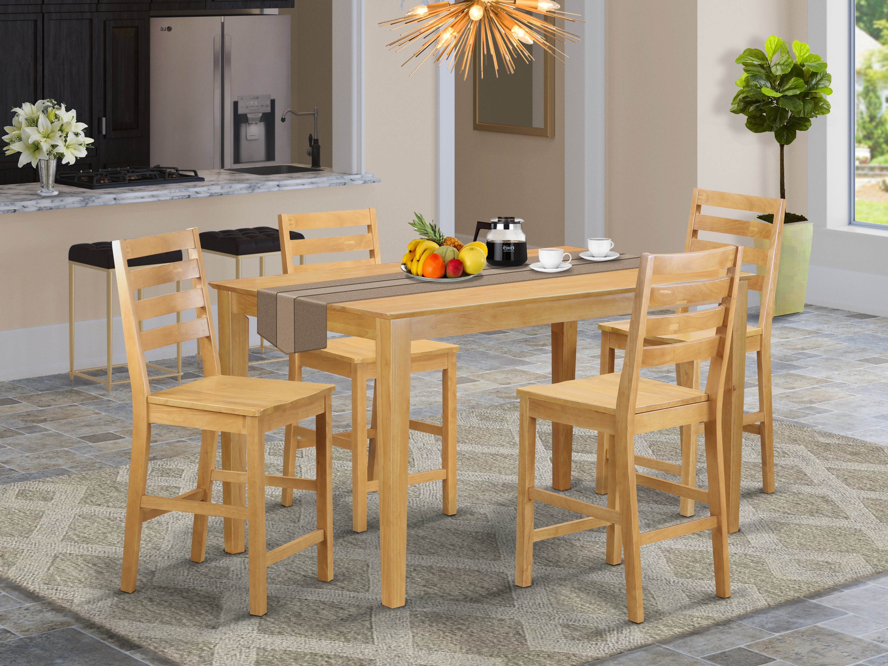 CACF5H-OAK-W 5 PC counter height Dining room set-pub Table and 4 Kitchen Dining Chairs.