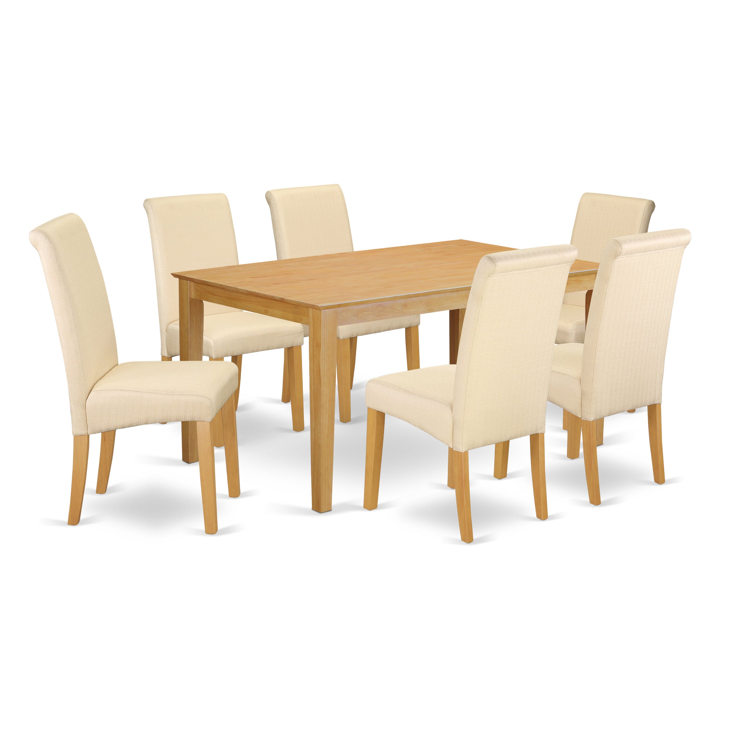 CABA7-OAK-02 7Pc Dining Room table with linen beige fabric Parson chairs with oak chair legs