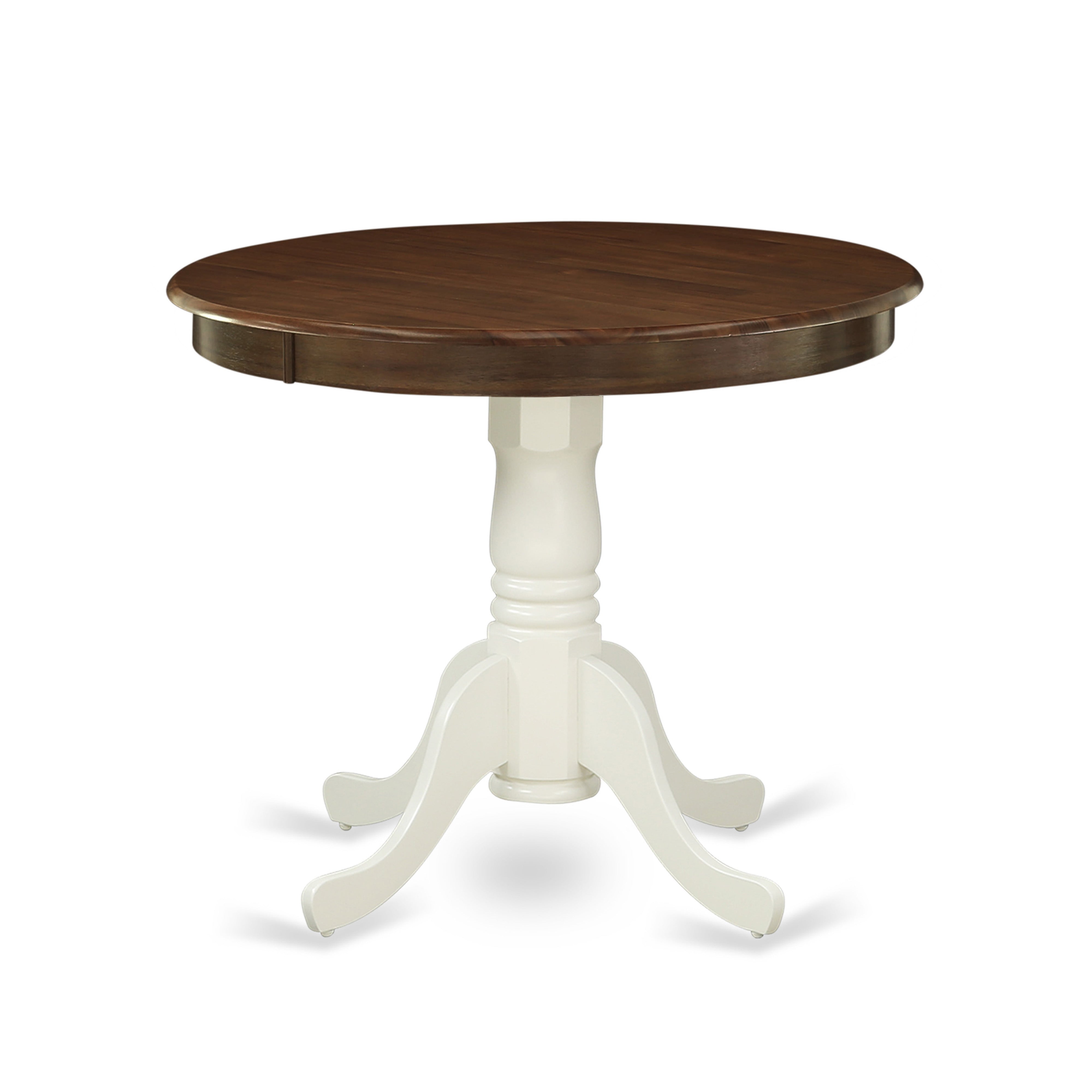 AMT-WLW-TP Antique Dining Table Made of Rubber Wood offering Walnut Finish Table Top, 36 Inch Round, Linen White Pedestal