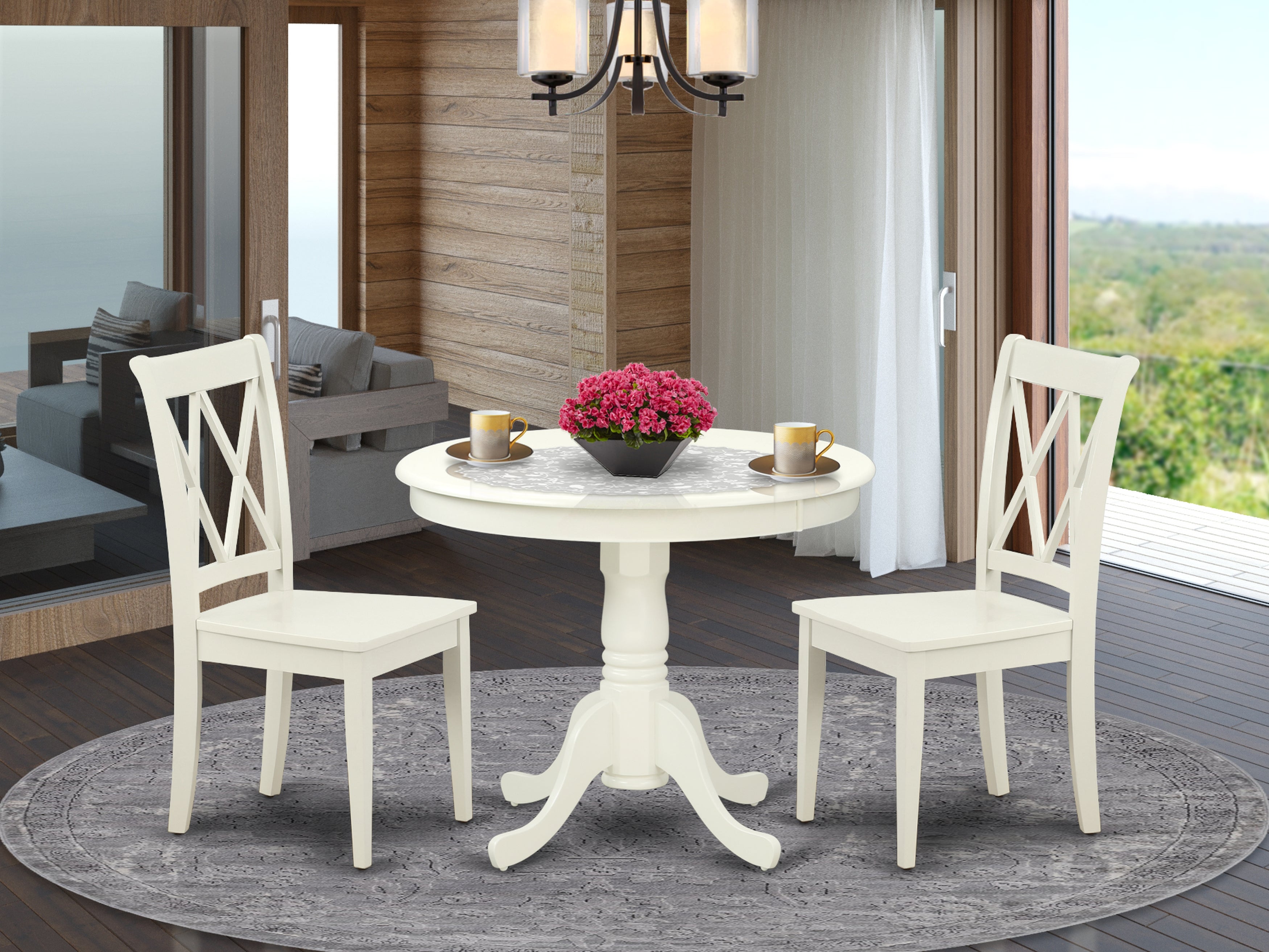 ANCL3-LWH-W 3PC Round 36 inch Table and 2 Double X back Chairs