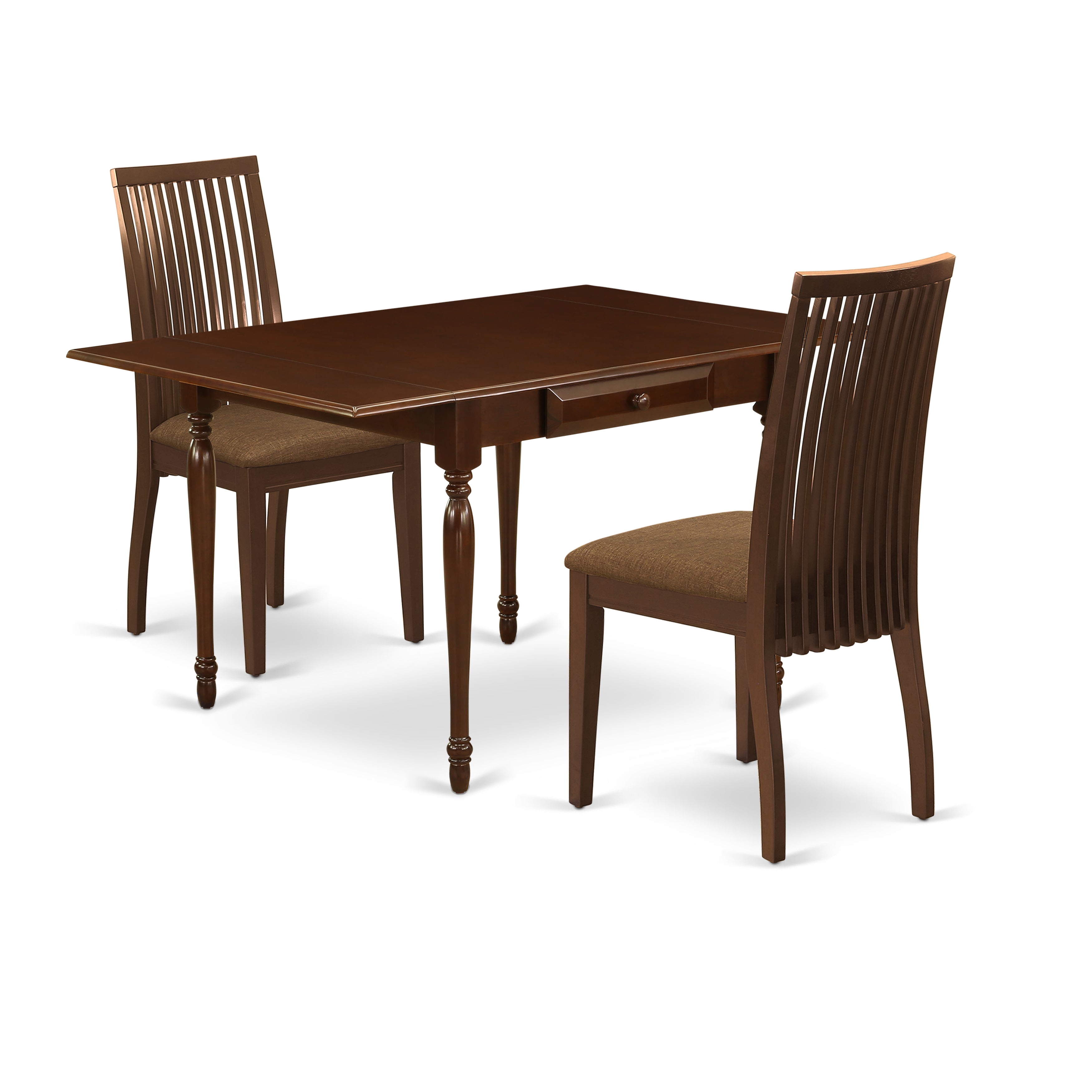 East West Furniture MZIP3-MAH-C 3 Pc Wood Dining Table set - Heavy Duty Two 9-Inch Drop Down Leaves Real Wood Dinette Table and 2 Microfiber Upholstery Seat Wood Dining Chairs, Mahogany Finish