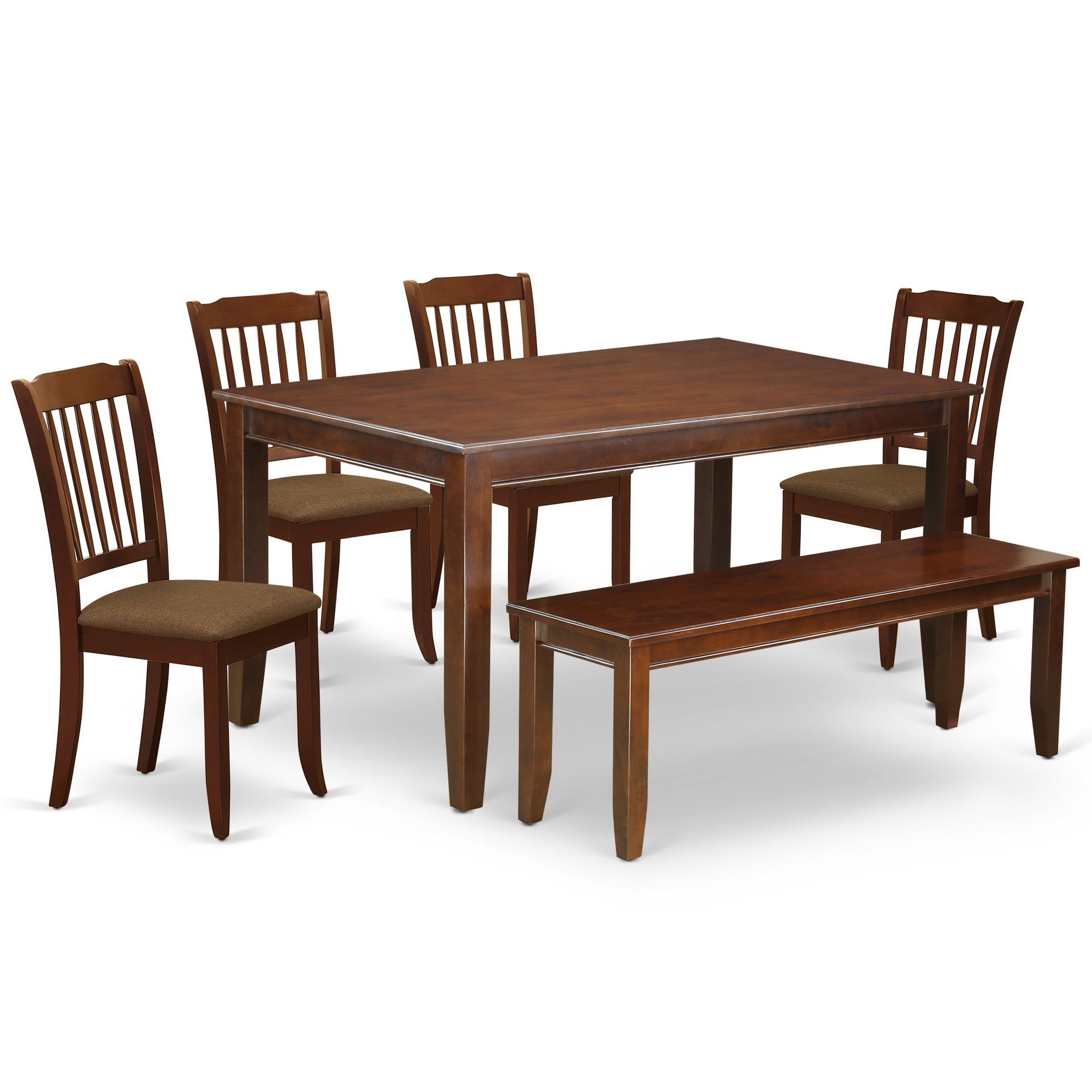 DUDA6-MAH-C 6Pc Dining Set Includes a Rectangle Dining Table, Four Vertical Slatted Microfiber Seat Kitchen Chairs and a Bench, Mahogany Finish