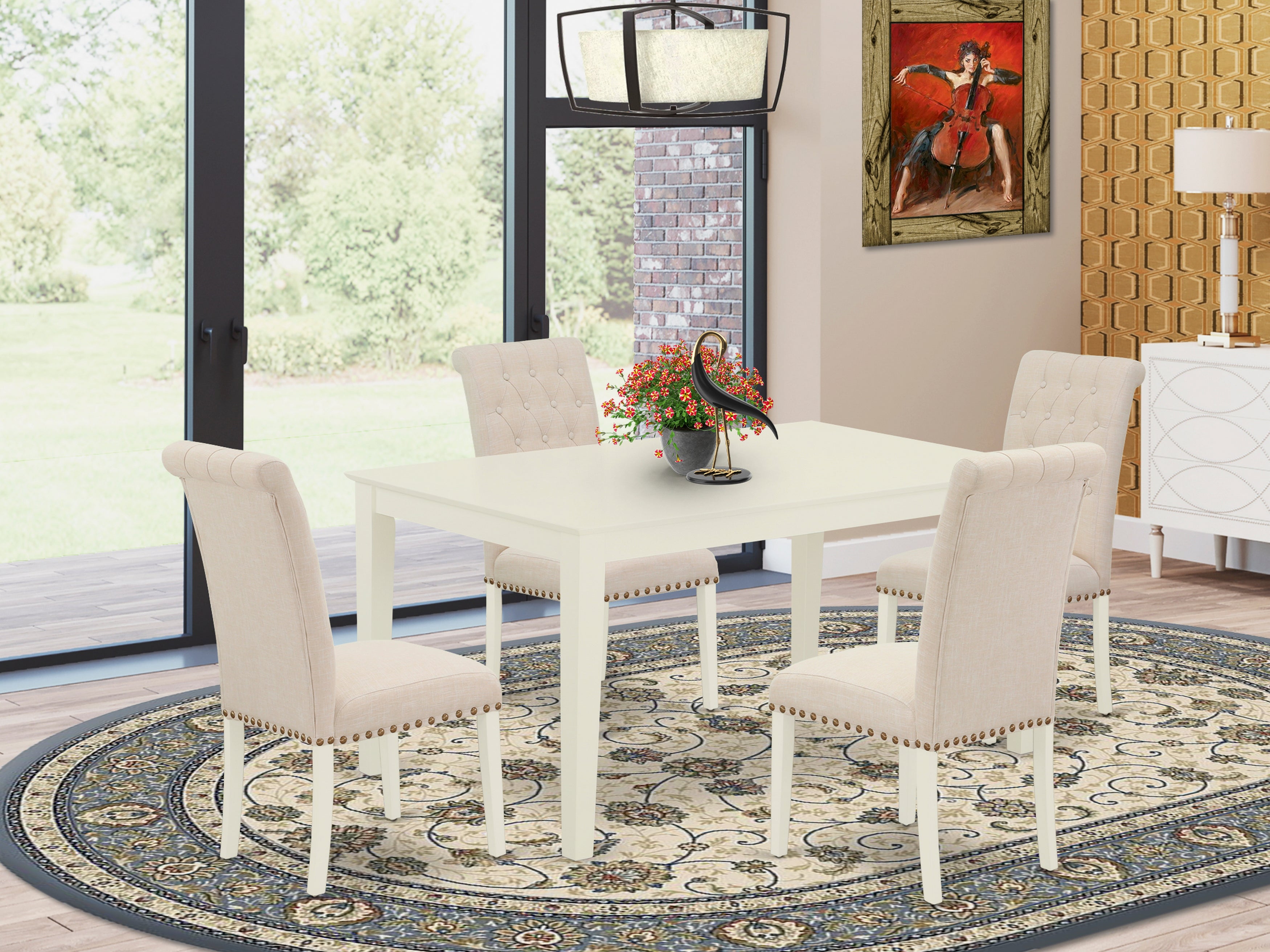 CABR5-LWH-02 5Pc Dining Set Includes a Rectangle Dinette Table and Four Parson Chairs with Light Beige Fabric, Linen White Finish