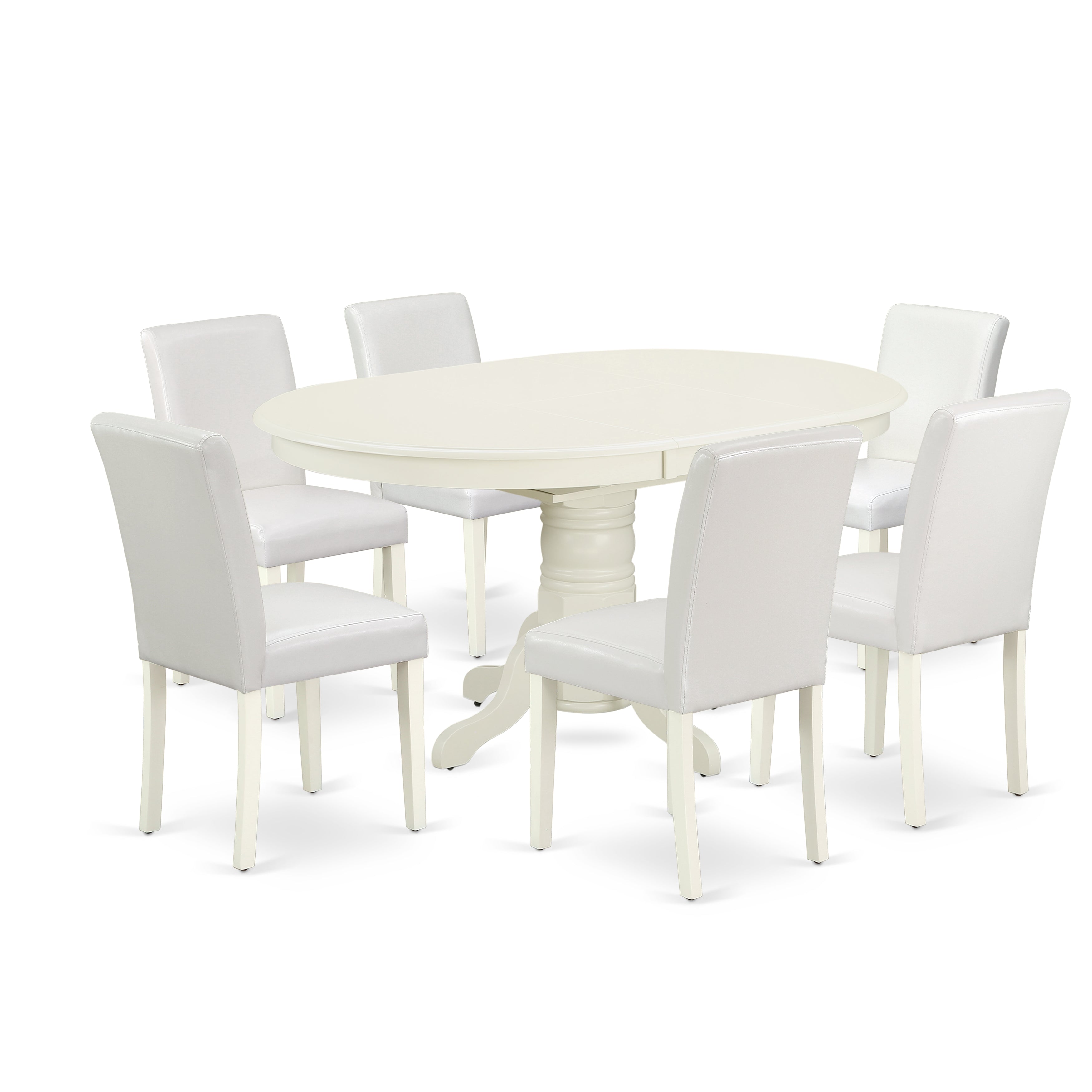 AVAB7-LWH-64 7Pc Oval 42/60" Dinette Table With 18 In Butterfly Leaf And 6 Parson Chair With Linen White Leg And Pu Leather Color White