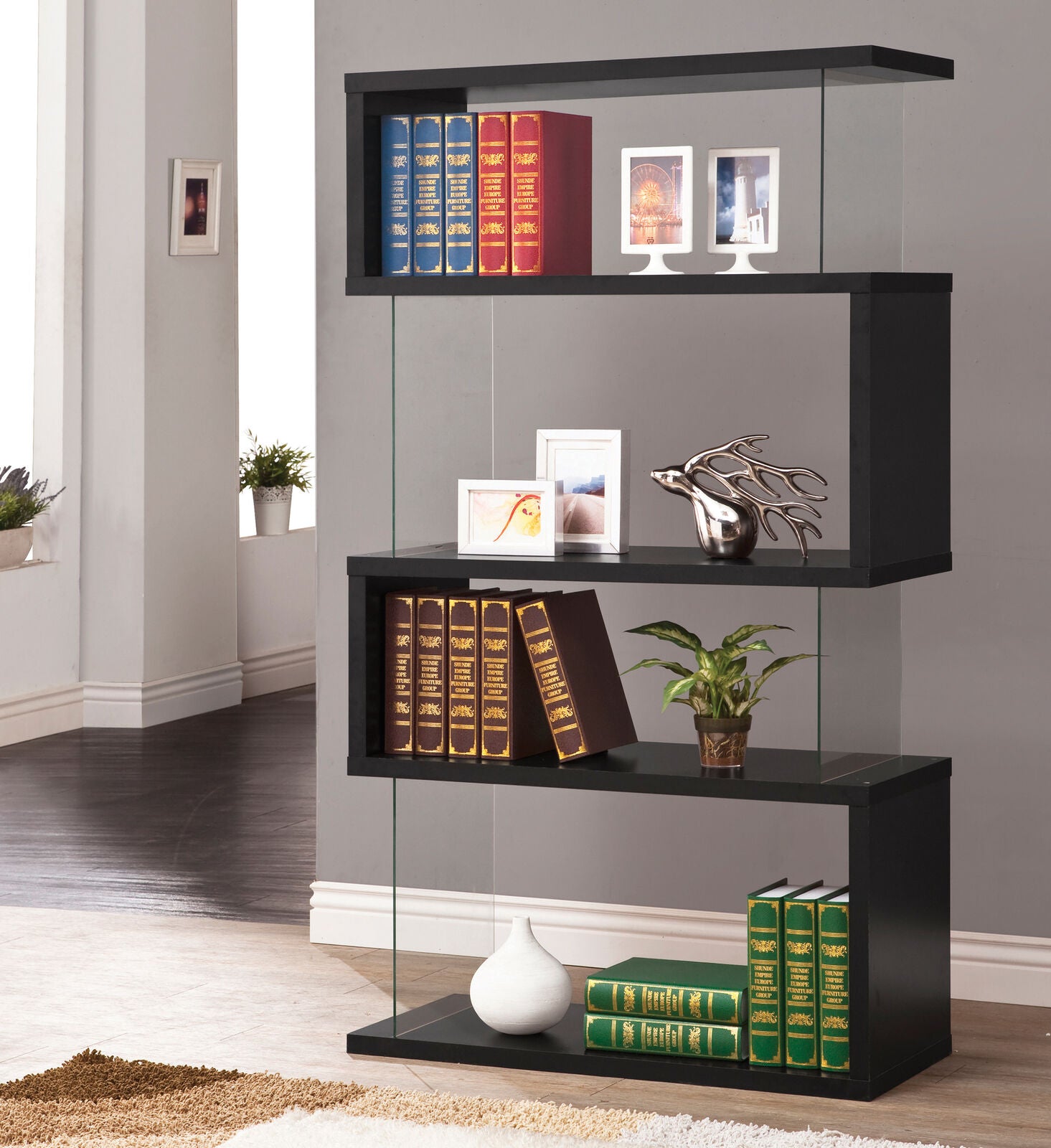 Modern 4-Tier Asymmetrical Zig Zag Snaking Bookcase Shelf Black And Clear 800340