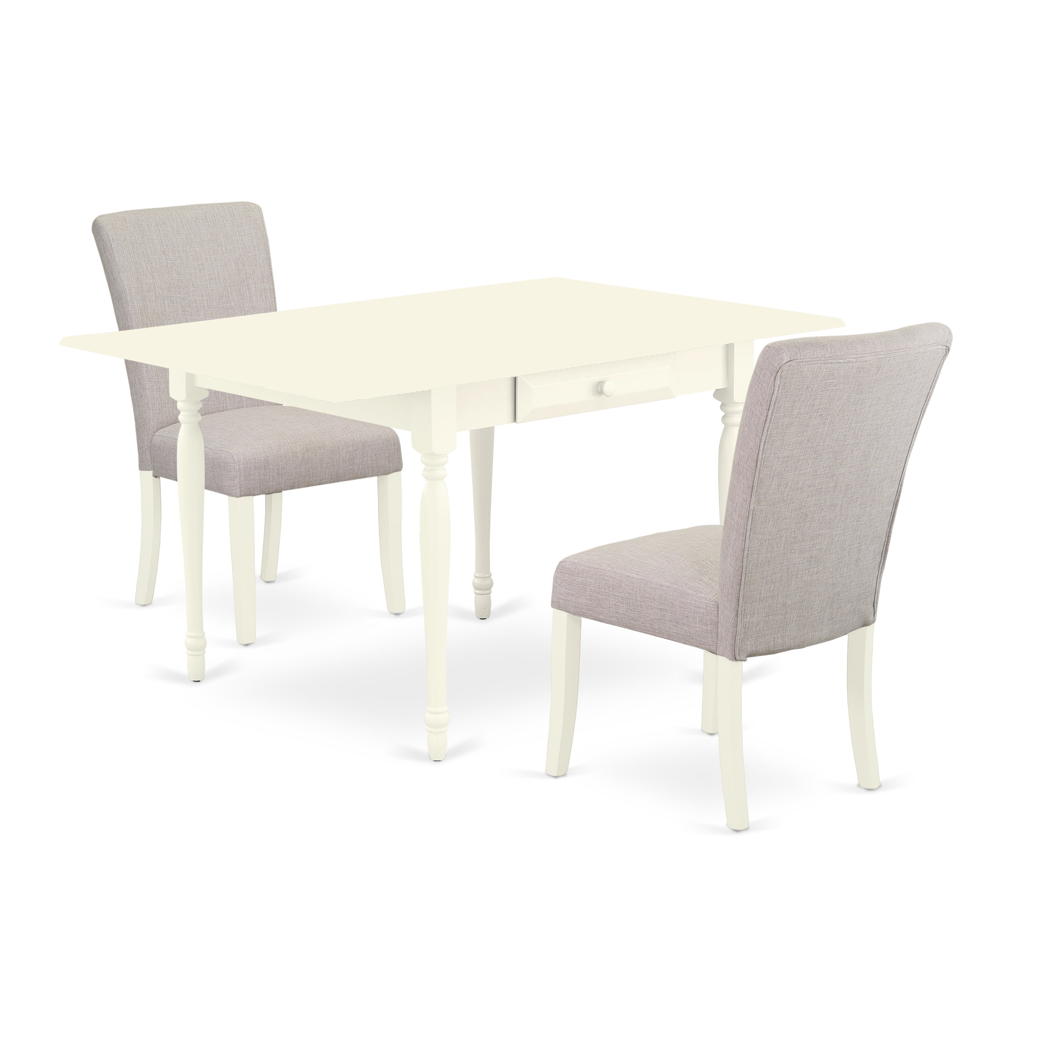 East West Furniture MZAL3-LWH-05 3Pc Dining Table Set Contains a Rectangular Table and 2 Parsons Dining Chairs with Doeskin Color Linen Fabric, Drop Leaf Table with Full Back Chairs, Linen White Finish