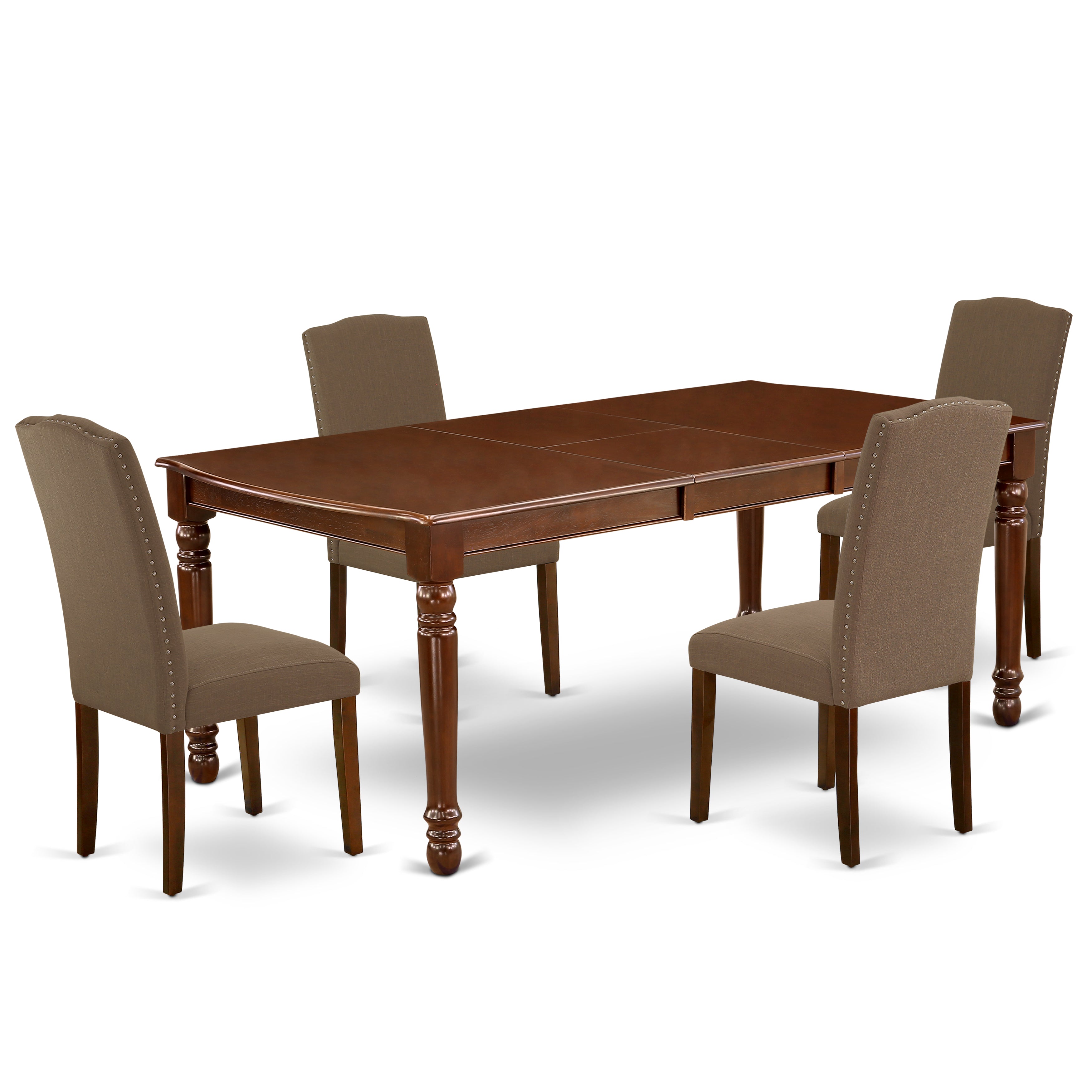 DOEN5-MAH-18 5Pc Rectangular 60/78" Table With 18 In Leaf And Four Parson Chair With Mahogany Leg And Linen Fabric Dark Coffee