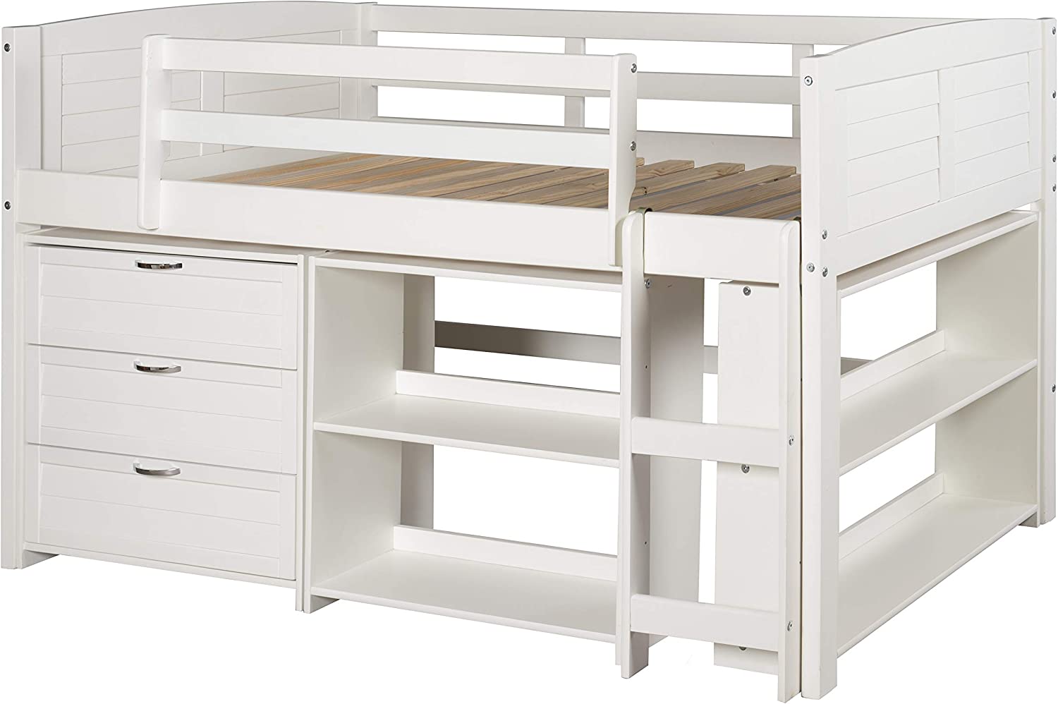 White Twin Louver Low Loft Bed with 3-Drawer Chest and 2-Sets of Shelves