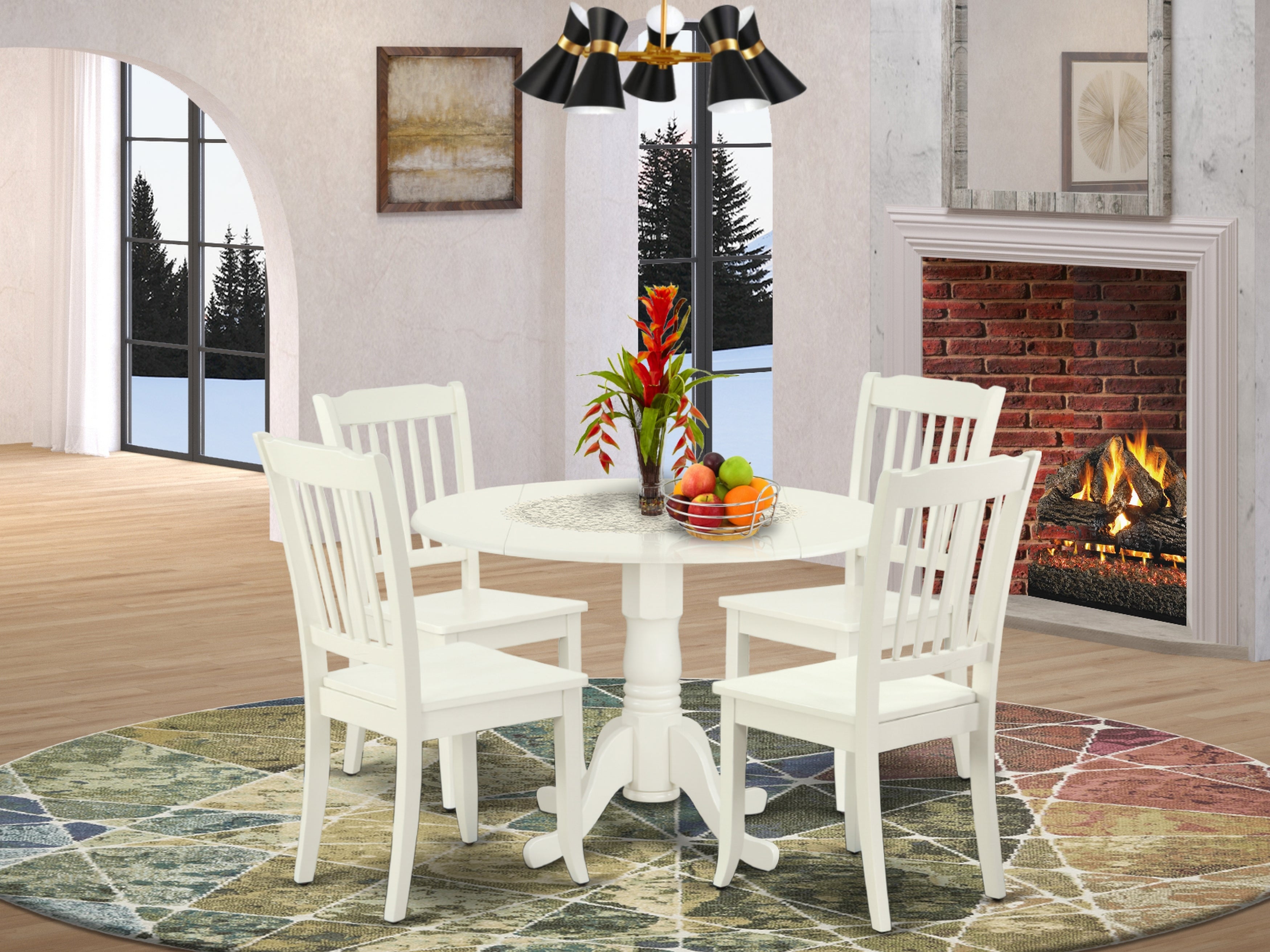 DLDA5-LWH-W 5PC Round 42 inch Table with Two 9-Inch Drop Leaves and 4 vertical slatted Chairs