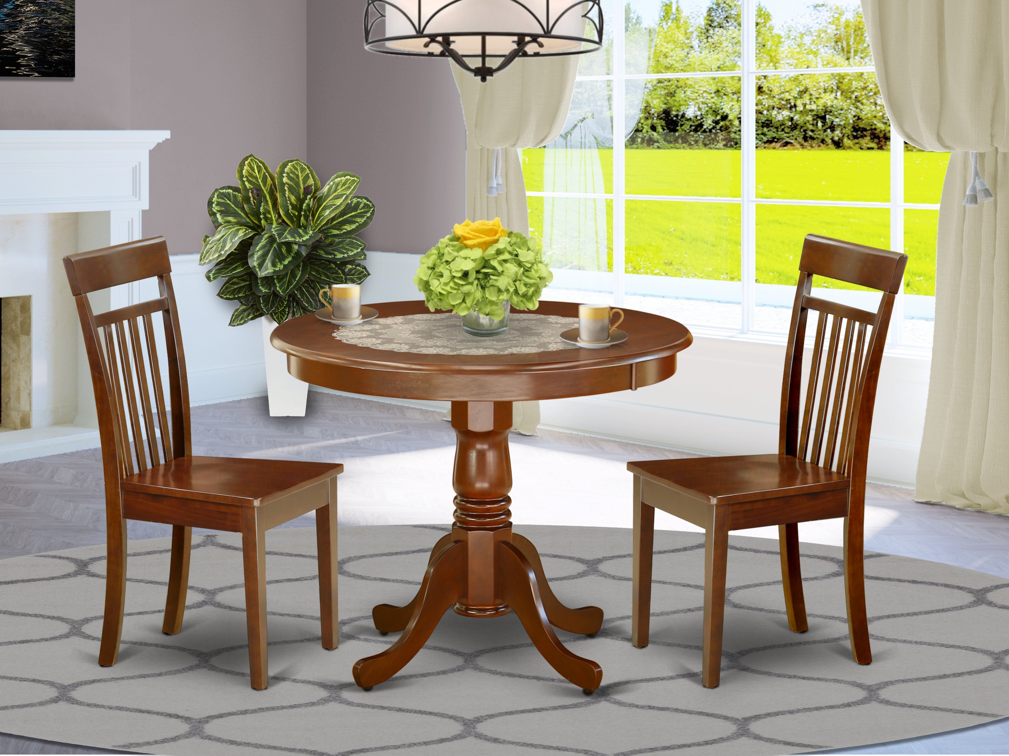 ANCA3-MAH-W 3Pc Rounded 36" Family Table And A Pair Of Wood Seat Chairs