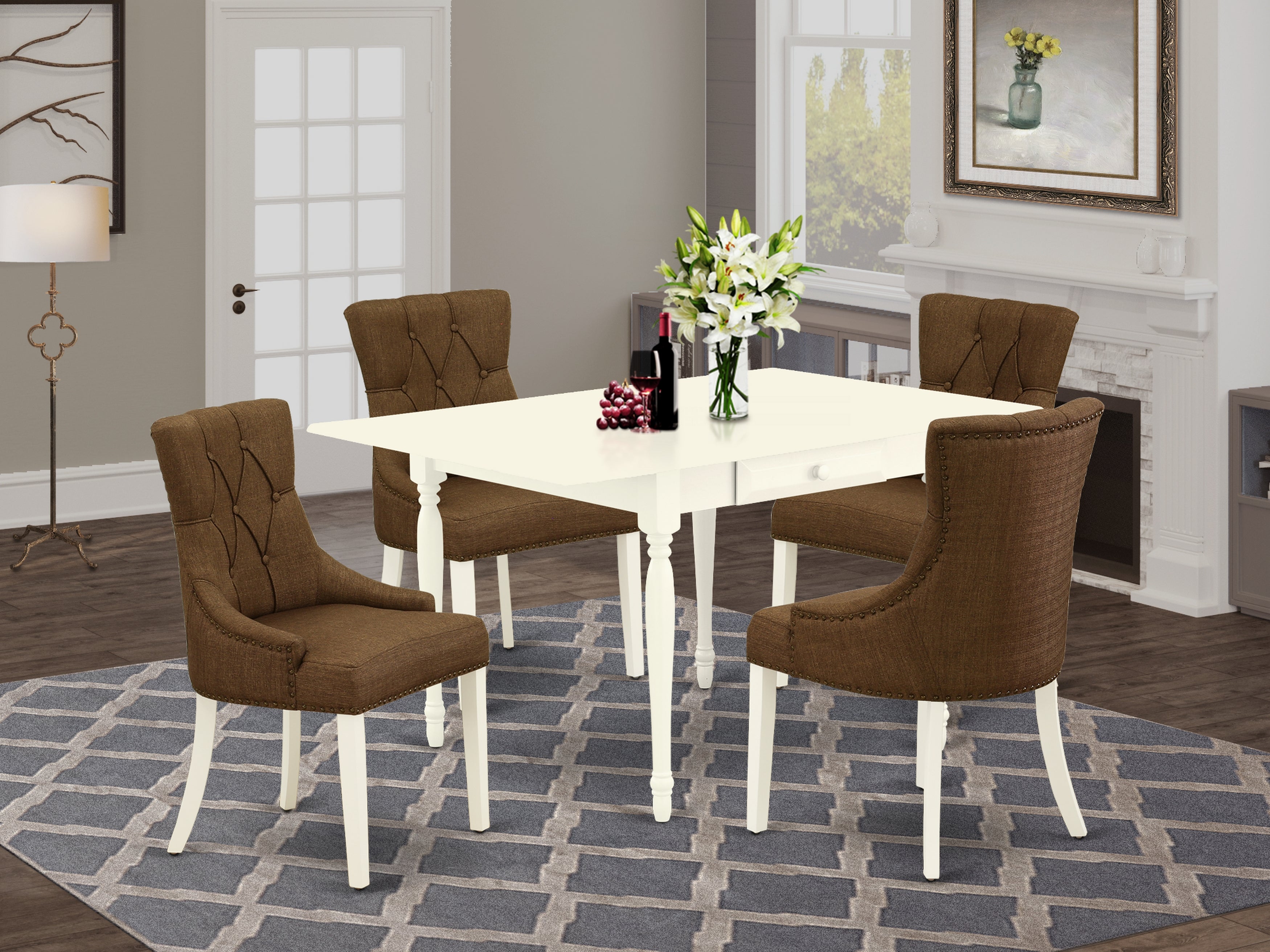 East West Furniture MZFR5-LWH-18 5Pc Dinette Set Contains a Kitchen Table and 4 Parsons Chairs with Dark Coffee Color Linen Fabric, Drop Leaf Table with Full Back Chairs, Linen White Finish