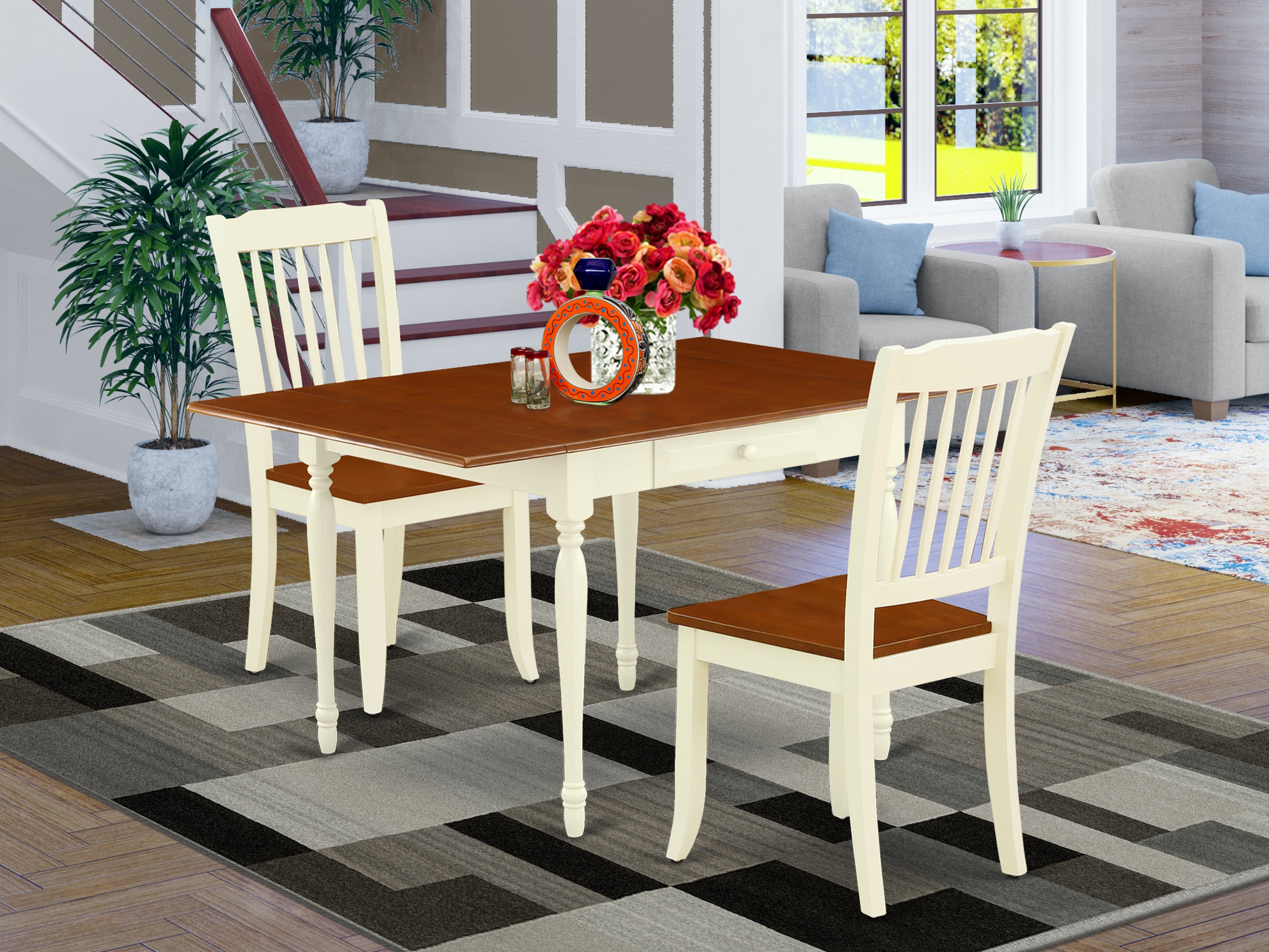 East West Furniture MZDA3-WHI-W 3Pc Kitchen Table Set Contains a Small Dining Table and 2 Wood Dining Chairs with Solid Wood Seat, Drop Leaf Table with Slat Back Chairs, Buttermilk and Cherry Finish