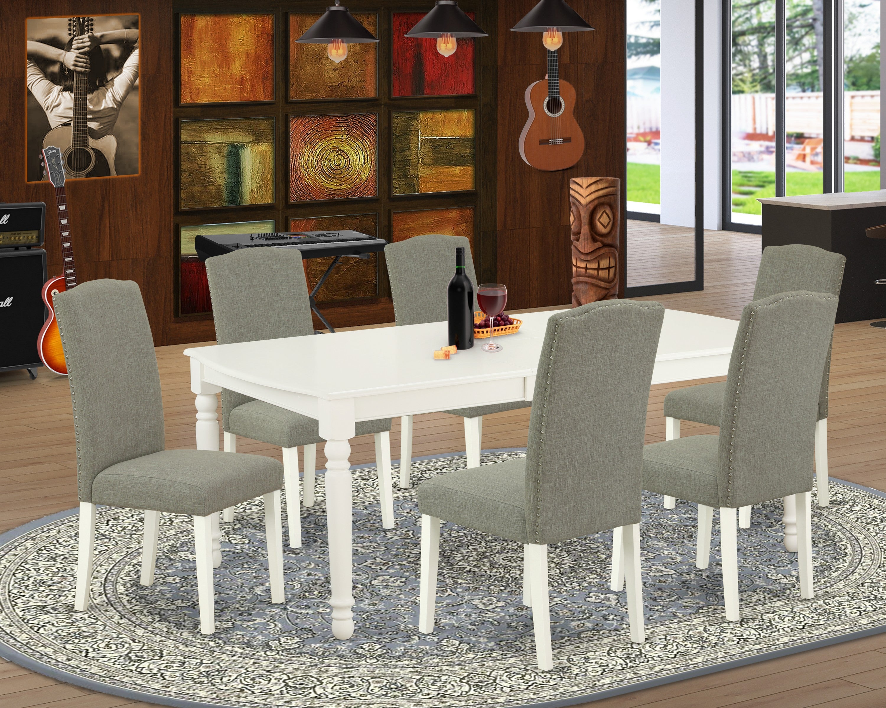 DOEN7-LWH-06 7Pc Rectangle 60/78 Inch Table With 18 In Leaf And 6 Parson Chair With Linen White Leg And Linen Fabric Dark Shitake