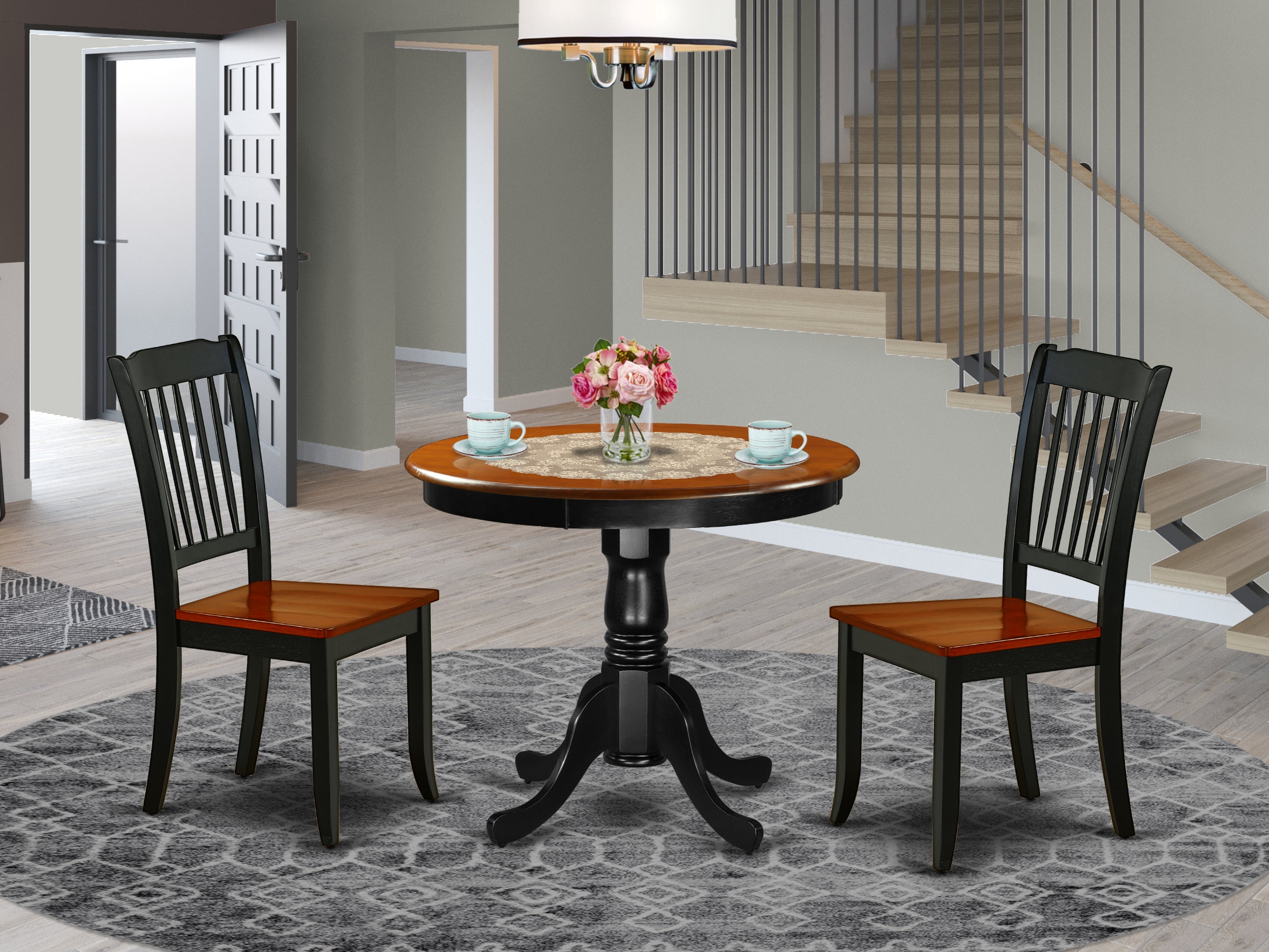 ANDA3-BCH-W 3PC Round 36 inch Table and 2 vertical slatted Chairs