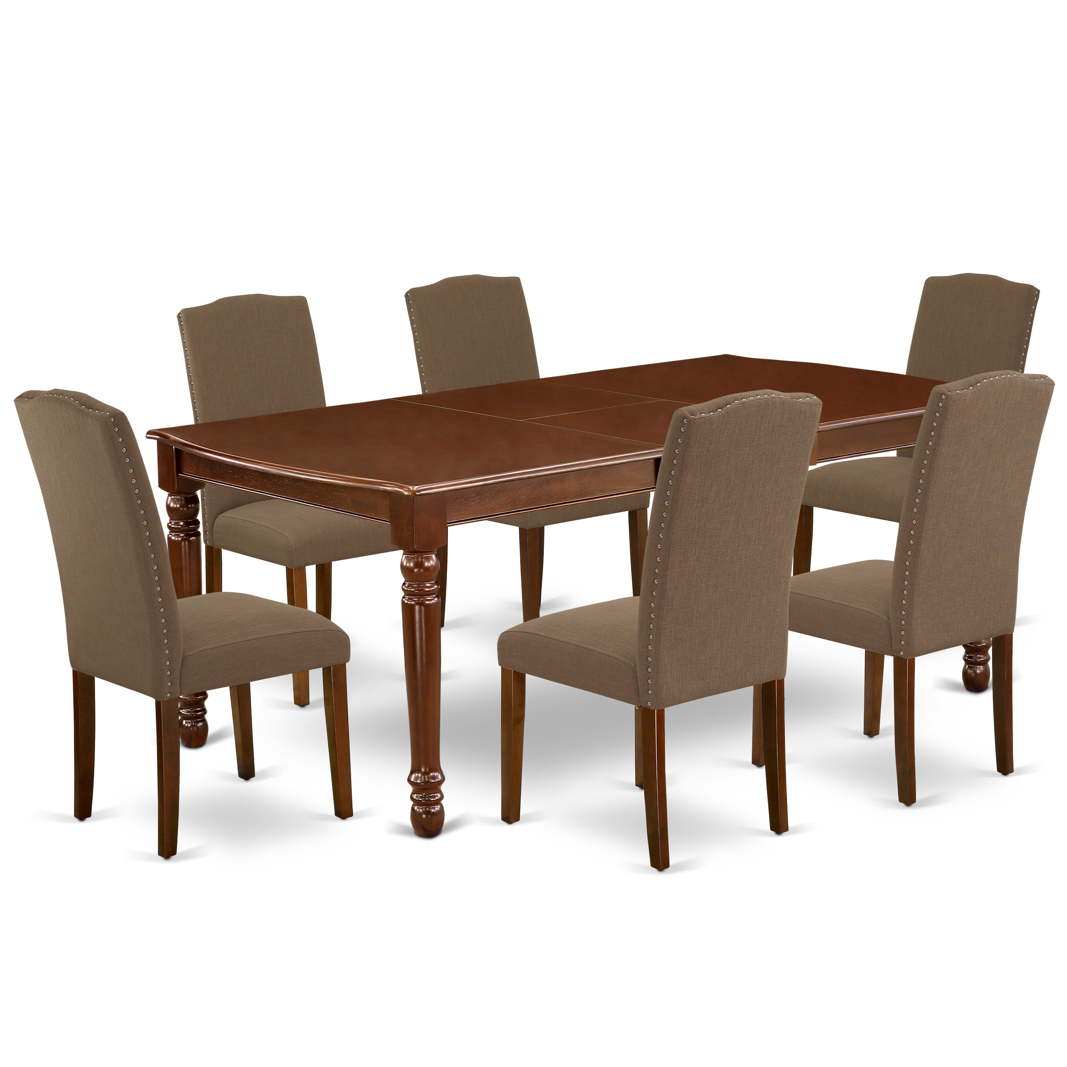 DOEN7-MAH-18 7Pc Rectangle 60/78 Inch Table With 18 In Leaf And 6 Parson Chair With Mahogany Leg And Linen Fabric Dark Coffee