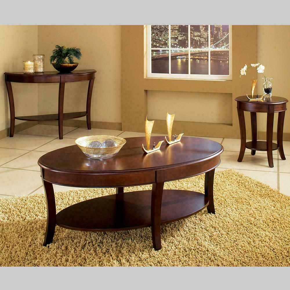 Traditional Troy Oval Cocktail Table With Shelf in Medium Cherry Brown