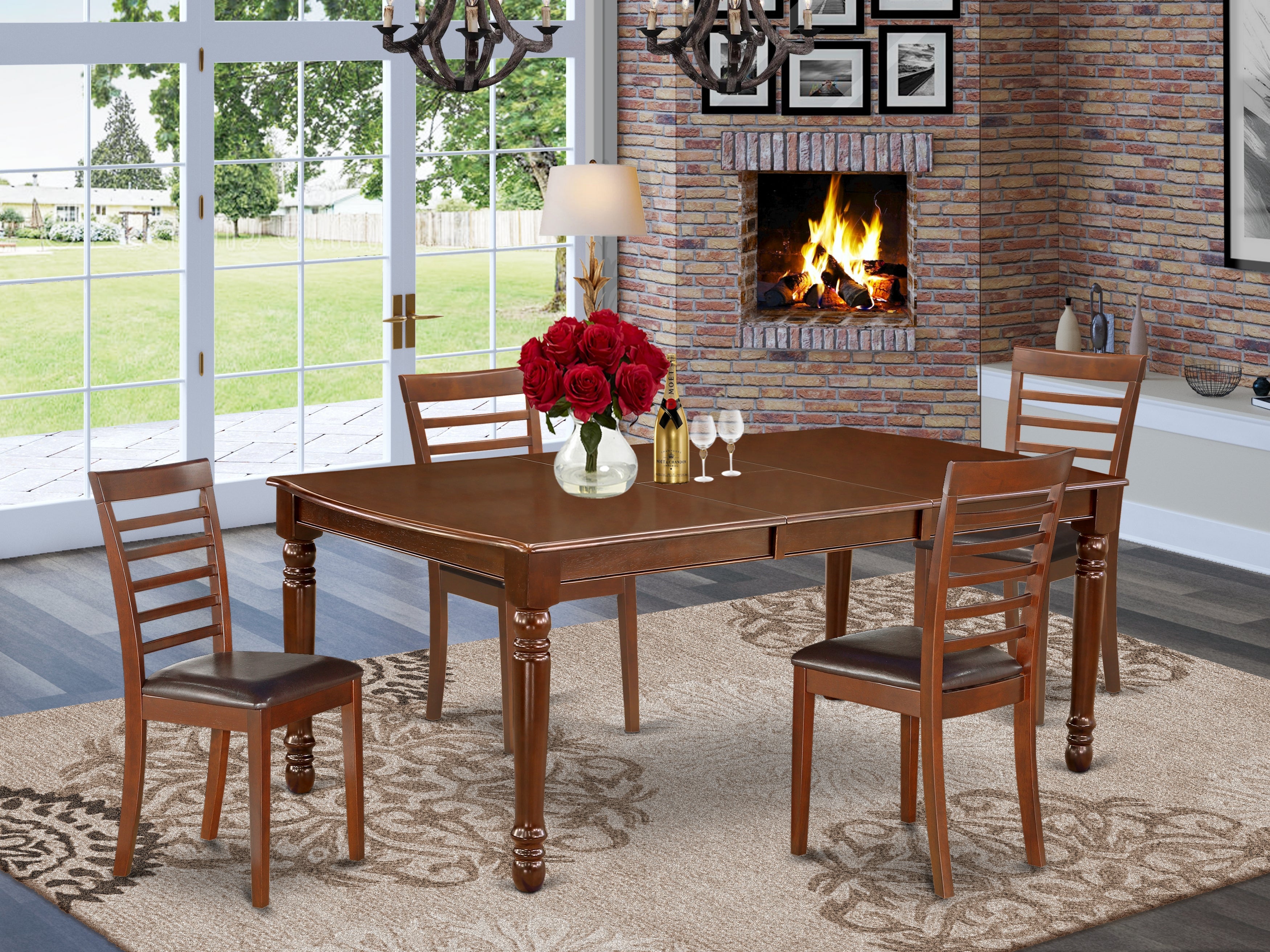 DOML5-MAH-LC 5Pc Rectangular 60/78" Dinner Table With 18 In Leaf And Four Kitchen Faux Leather Seat Chairs