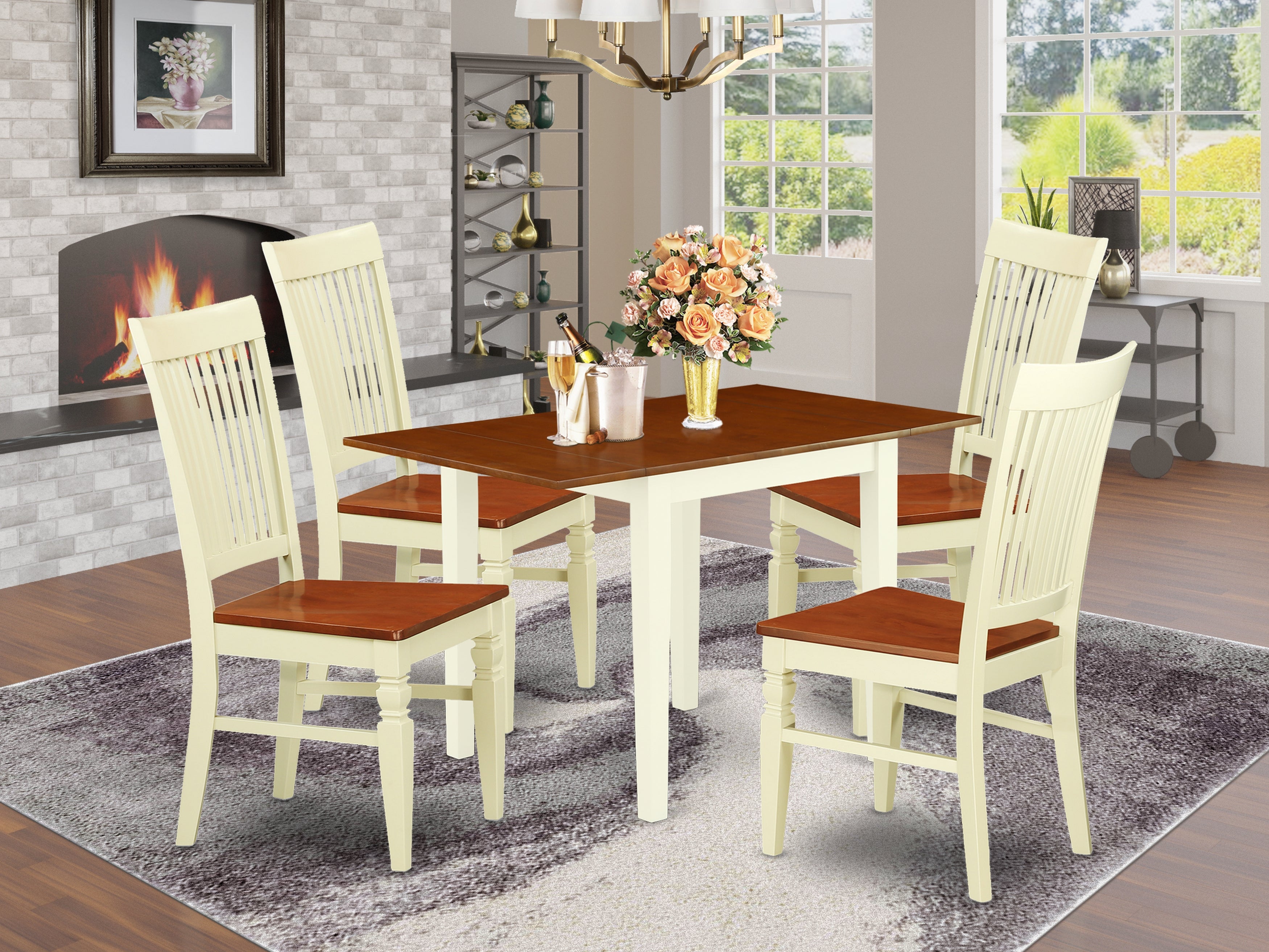 East West Furniture NDWE5-WHI-W, 5Pc Dinette Set for Small Spaces Includes a Wood Dining Table and 4 Wooden Dining Chairs with Solid Wood Seat and Slat Back, Buttermilk and Cherry Finish