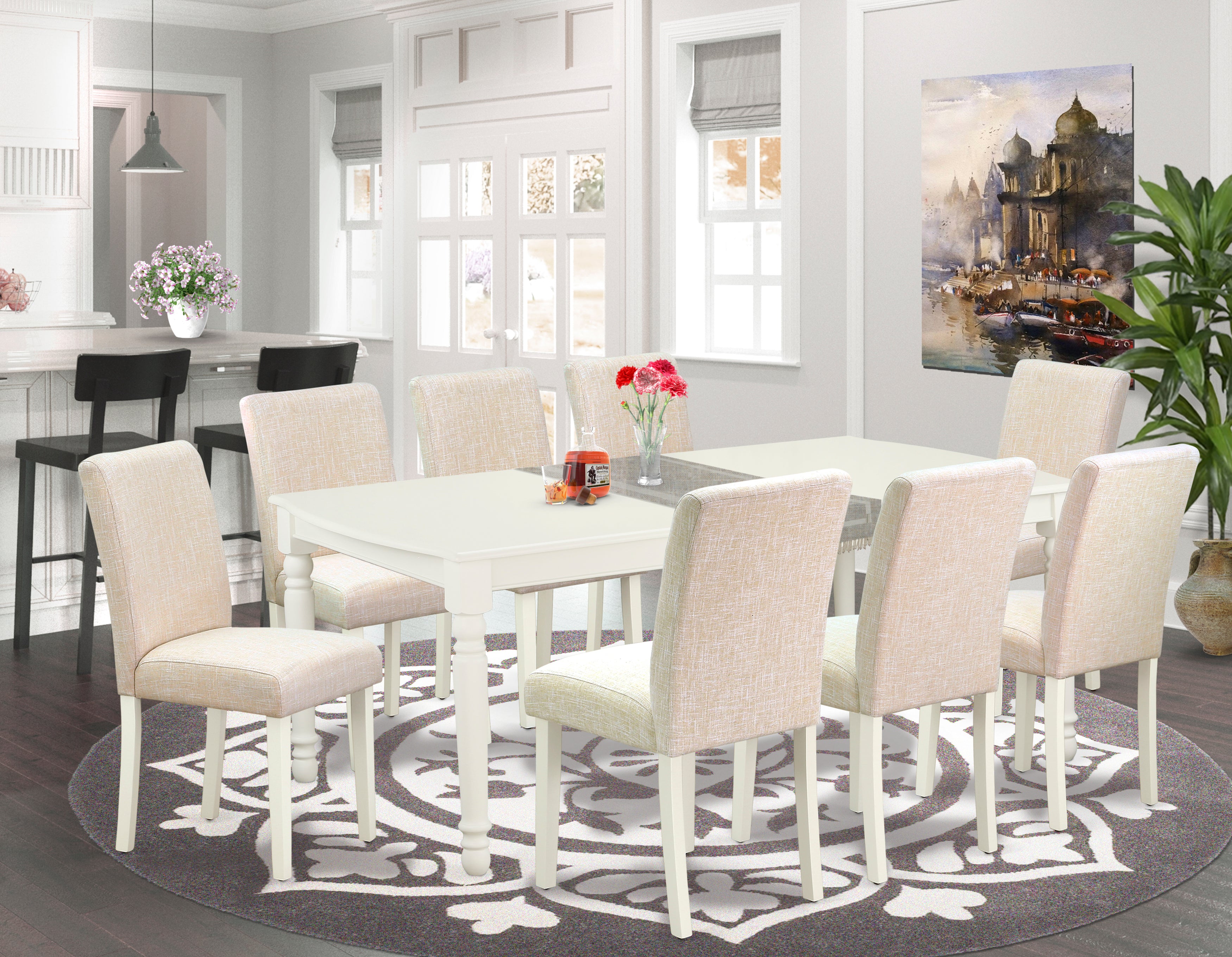 DOAB9-LWH-02 9Pc Rectangle 60/78 Inch Dining Table With 18 In Leaf And 8 Parson Chair With Linen White Leg And Linen Fabric Light Beige