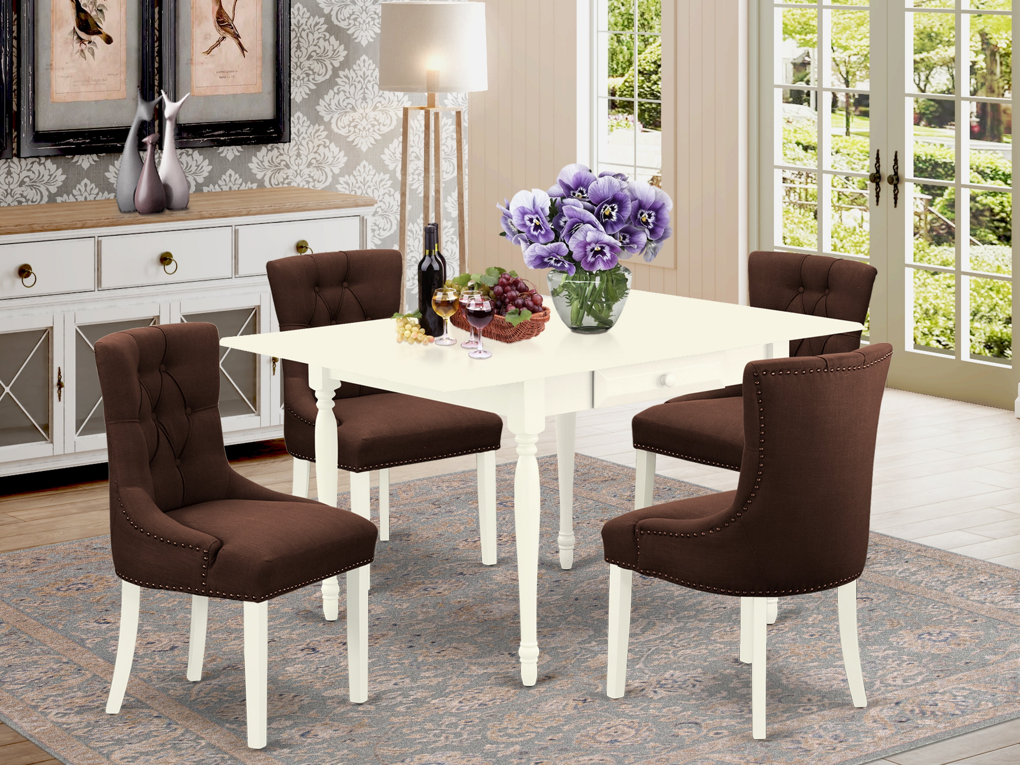 East West Furniture MZFR5-LWH-19 5Pc Kitchen Table Set Consists of a Wood Table and 4 Parsons Dining Chairs with Chocolate Color Linen Fabric, Drop Leaf Table with Full Back Chairs, Linen White Finish